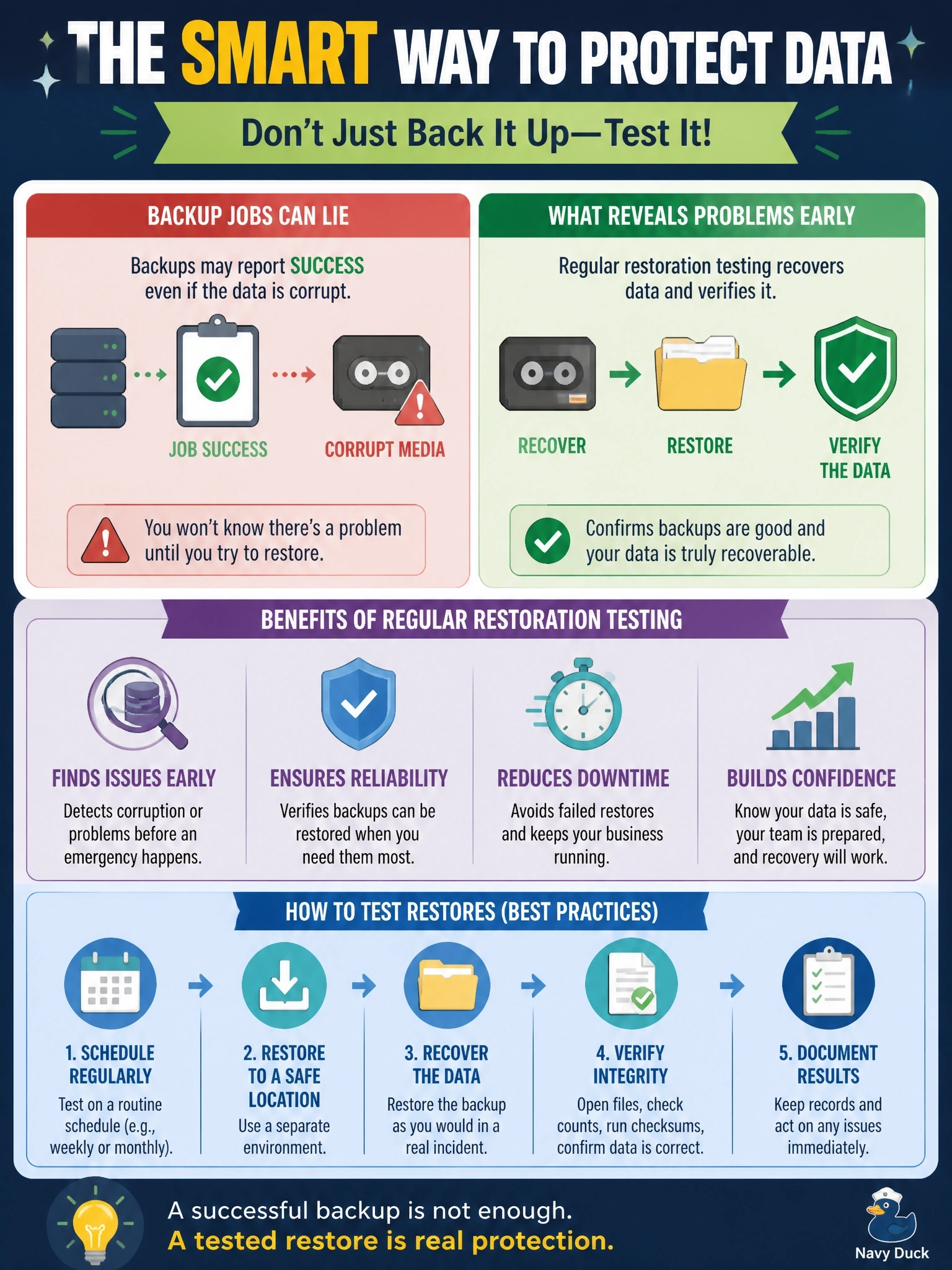 To Create an exciting colorful infographic that explains the concepts in the question: Question: A company's nightly backup jobs have reported success for months, but when an incident forces a restore, the data cannot be recovered because the backup media are corrupt. Which practice would most likely have revealed the problem beforehand? Correct Answer: Regular restoration testing that recovers data and verifies it Put EVERY visible label in double quotes. No people. No A/B/C/D letters. In one of the four corners put a little "Navy Duck".