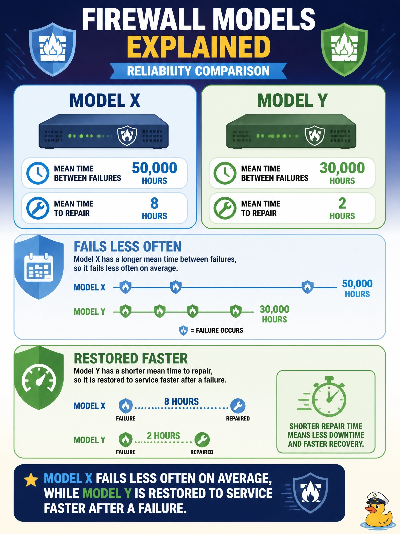To Create an exciting colorful infographic that explains the concepts in the question: Question: A team is comparing two firewall models. Model X has a mean time between failures of 50,000 hours and a mean time to repair of 8 hours. Model Y has a mean time between failures of 30,000 hours and a mean time to repair of 2 hours. Which statement is correct? Correct Answer: Model X fails less often on average, while Model Y is restored to service faster after a failure Put EVERY visible label in double quotes. No people. No A/B/C/D letters. In one of the four corners put a little "Navy Duck".