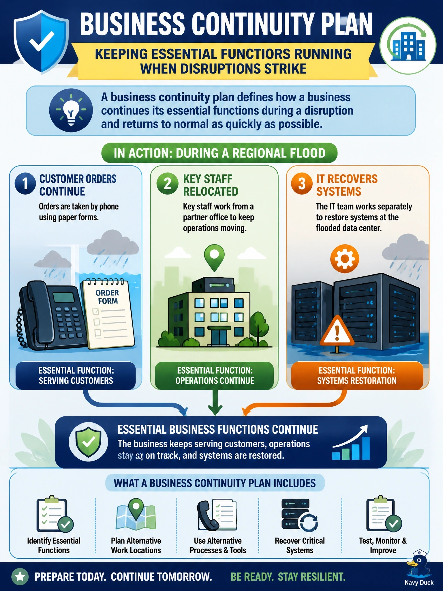 To Create an exciting colorful infographic that explains the concepts in the question: Question: During a regional flood, a company keeps taking customer orders by phone with paper forms and relocates key staff to a partner office, while the IT team works separately to bring the flooded data center's systems back. Which plan governs keeping those essential business functions running? Correct Answer: Business continuity plan, covering how essential functions continue during the disruption Put EVERY visible label in double quotes. No people. No A/B/C/D letters. In one of the four corners put a little "Navy Duck".
