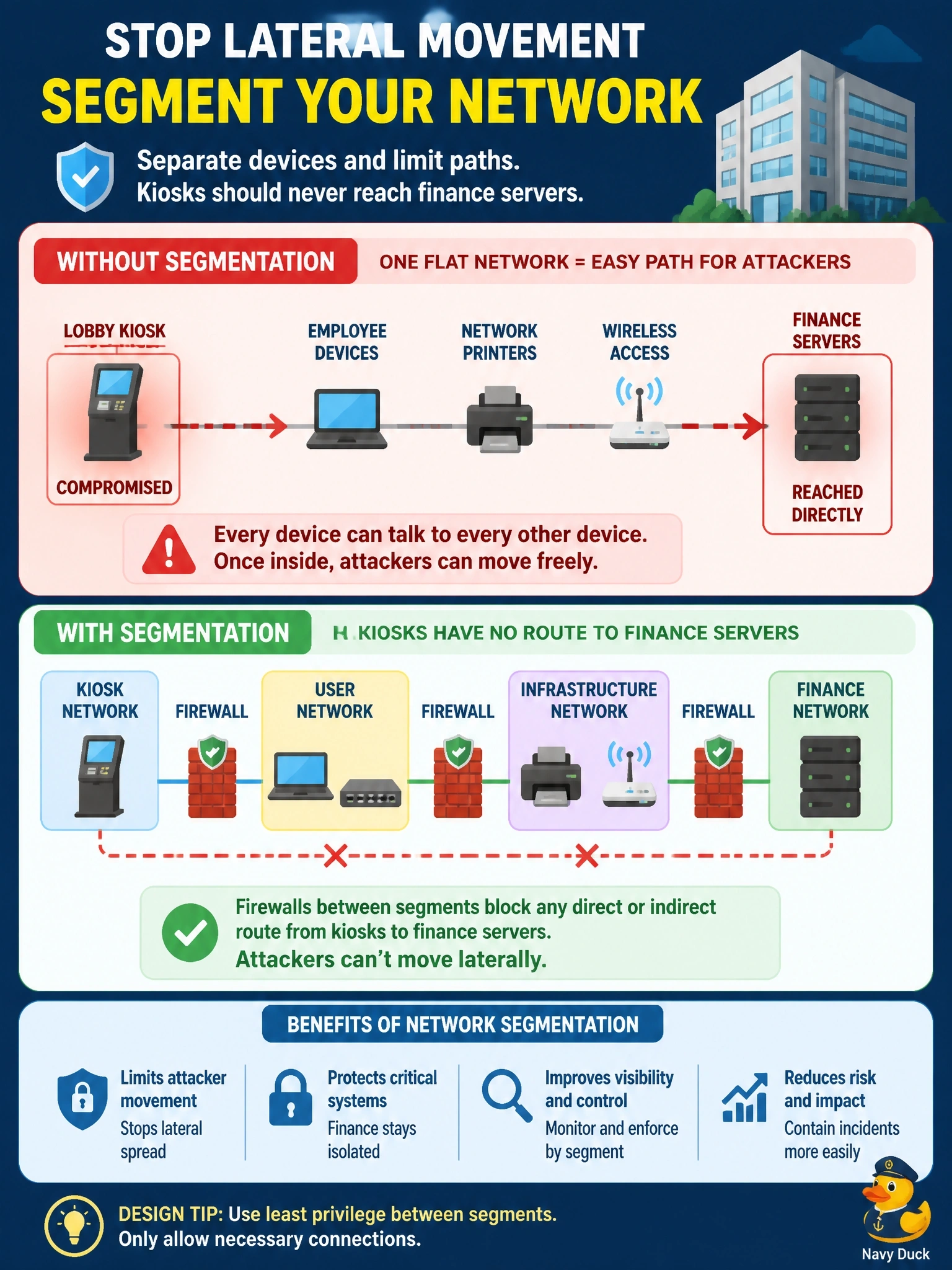 To Create an exciting colorful infographic that explains the concepts in the question: Question: Attackers compromised a lobby visitor kiosk and then reached the finance servers directly, because every device in the building sits on one flat network. Which mitigation most directly prevents an attacker from repeating that lateral path? Correct Answer: Segment the network so kiosks have no route to the finance servers Put EVERY visible label in double quotes. No people. No A/B/C/D letters. In one of the four corners put a little "Navy Duck".