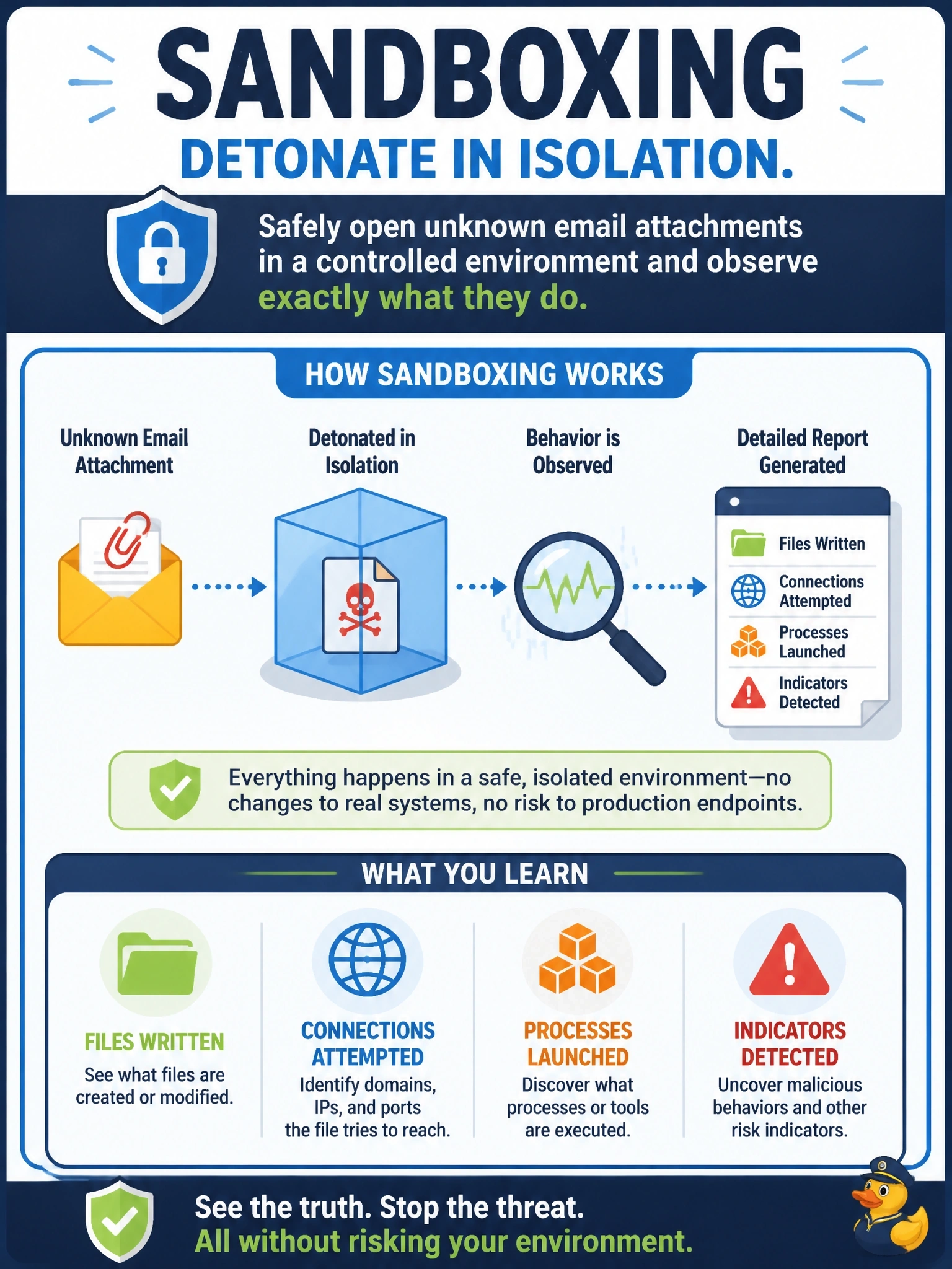 To Create an exciting colorful infographic that explains the concepts in the question: Question: A security team wants to see what unknown email attachments actually do when opened, such as files they write or connections they attempt, without risking any production endpoint. Which mitigation should the team apply? Correct Answer: Sandboxing that detonates attachments in isolation and observes their behavior Put EVERY visible label in double quotes. No people. No A/B/C/D letters. In one of the four corners put a little "Navy Duck".