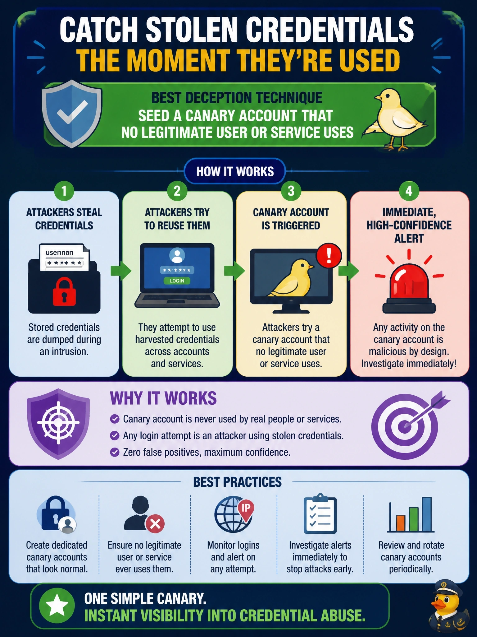 To Create an exciting colorful infographic that explains the concepts in the question: Question: After an intrusion in which attackers dumped stored credentials and reused them, a team wants an immediate, high-confidence alert the next time anyone tries to use harvested credentials. Which deception technique best meets this goal? Correct Answer: Seed a canary account that no legitimate user or service uses Put EVERY visible label in double quotes. No people. No A/B/C/D letters. In one of the four corners put a little "Navy Duck".