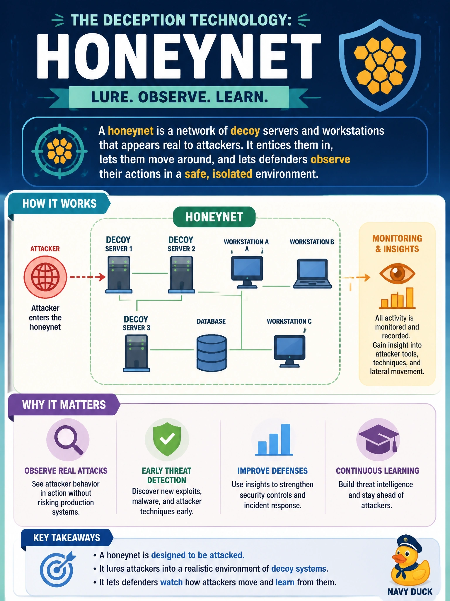 To Create an exciting colorful infographic that explains the concepts in the question: Question: A security research team wants to lure attackers into a convincing environment of several interconnected decoy servers and workstations so it can observe how they move laterally from one system to another. Which deception technology fits this goal? Correct Answer: Honeynet Put EVERY visible label in double quotes. No people. No A/B/C/D letters. In one of the four corners put a little "Navy Duck".