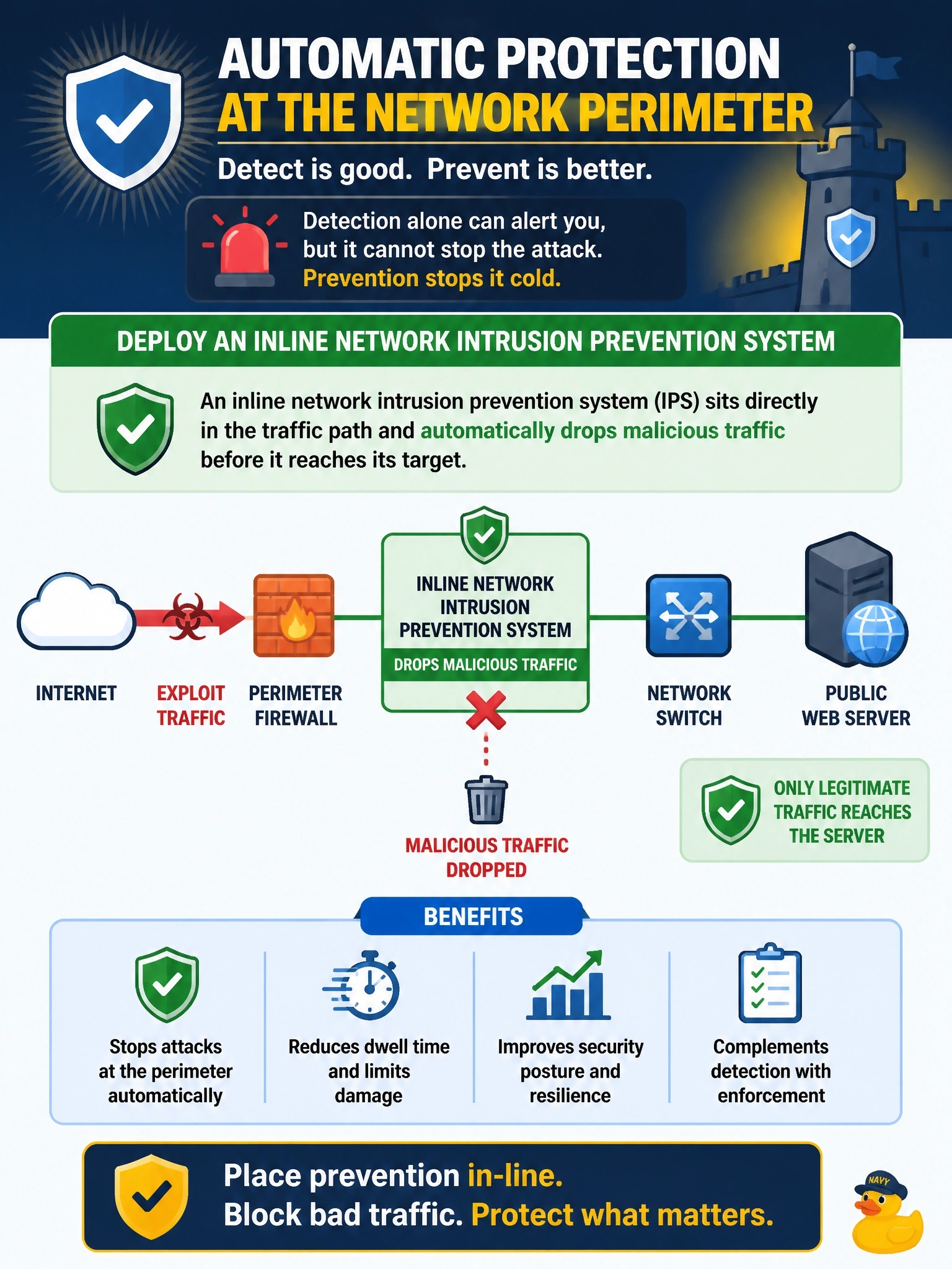 To Create an exciting colorful infographic that explains the concepts in the question: Question: A network intrusion detection sensor connected to a mirrored switch port correctly alerted on exploit traffic aimed at a public web server, but it could not stop the traffic. The team now wants that traffic dropped automatically at the network perimeter. Which control should it deploy? Correct Answer: An inline network intrusion prevention system that drops the traffic Put EVERY visible label in double quotes. No people. No A/B/C/D letters. In one of the four corners put a little "Navy Duck".