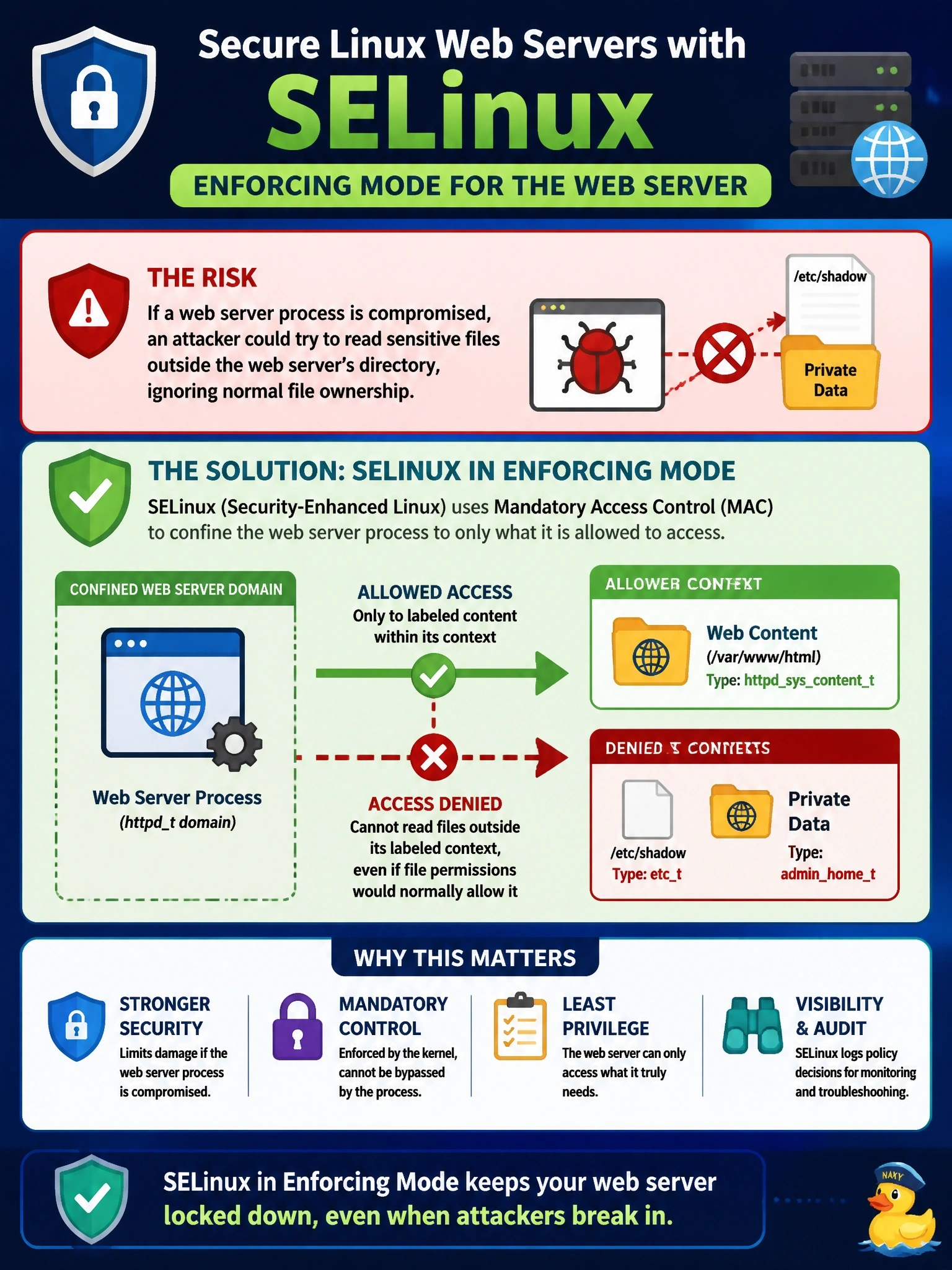 To Create an exciting colorful infographic that explains the concepts in the question: Question: Linux web servers must confine the web server process with mandatory access control, so that even if the process is compromised it cannot read files outside its labeled context, regardless of standard file ownership. Which operating system security control fits? Correct Answer: Security-Enhanced Linux in enforcing mode for the web server Put EVERY visible label in double quotes. No people. No A/B/C/D letters. In one of the four corners put a little "Navy Duck".