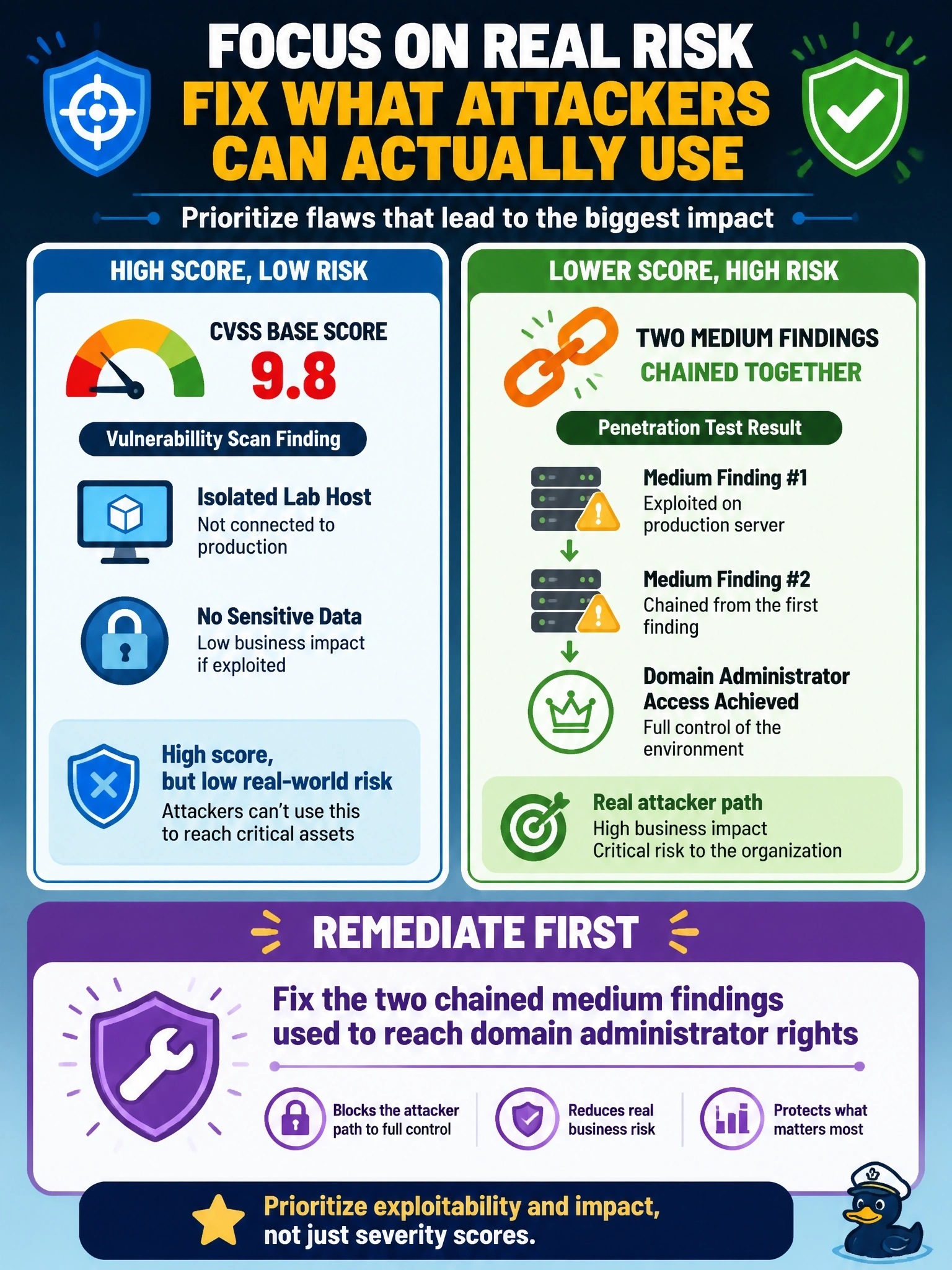 To Create an exciting colorful infographic that explains the concepts in the question: Question: A vulnerability scan rates a flaw on an isolated lab host, which holds no sensitive data, at a CVSS base score of 9.8. The latest penetration test report shows testers chained two medium-severity findings on production servers to gain domain administrator rights. Which should the team remediate FIRST? Correct Answer: The two chained medium findings the testers used to reach domain administrator rights Put EVERY visible label in double quotes. No people. No A/B/C/D letters. In one of the four corners put a little "Navy Duck".