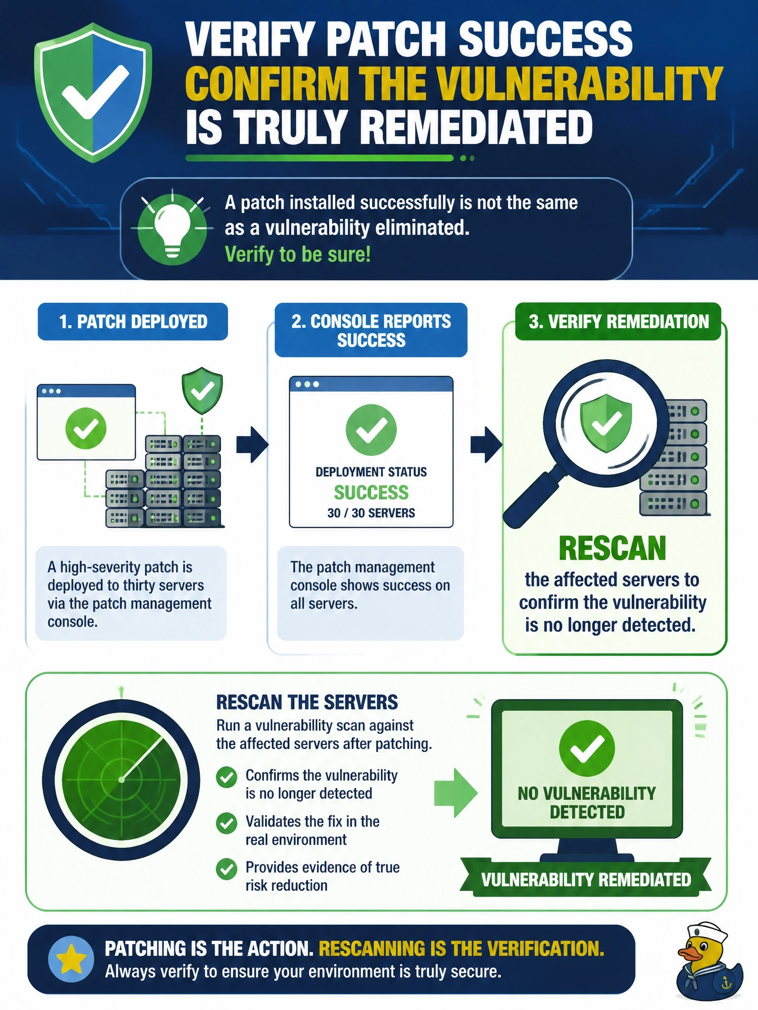 To Create an exciting colorful infographic that explains the concepts in the question: Question: An administrator deploys a vendor patch for a high-severity vulnerability to thirty servers, and the patch management console reports success on all of them. Which step provides verification that the vulnerability has actually been remediated? Correct Answer: Rescan the affected servers to confirm the vulnerability is no longer detected Put EVERY visible label in double quotes. No people. No A/B/C/D letters. In one of the four corners put a little "Navy Duck".