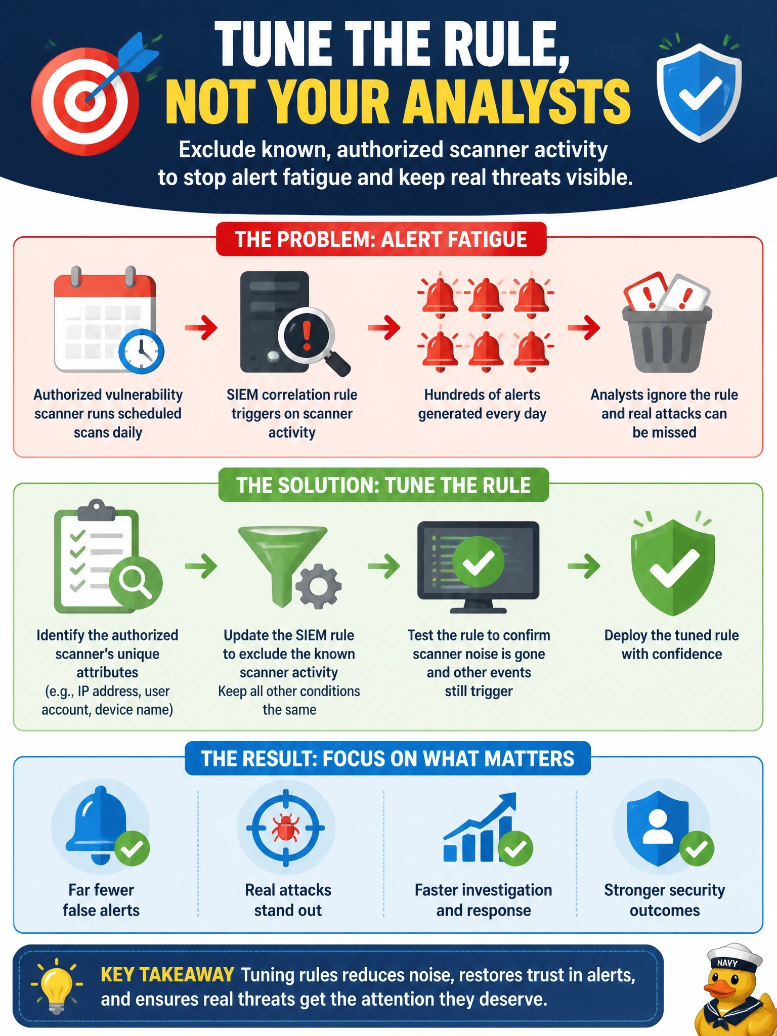 To Create an exciting colorful infographic that explains the concepts in the question: Question: A SIEM correlation rule fires hundreds of alerts every day when the organization's authorized vulnerability scanner runs its scheduled scans. Analysts have started ignoring the rule's alerts entirely. Which action BEST addresses the problem while preserving detection of real attacks? Correct Answer: Tune the rule to exclude the authorized scanner's known activity while keeping other matches Put EVERY visible label in double quotes. No people. No A/B/C/D letters. In one of the four corners put a little "Navy Duck".