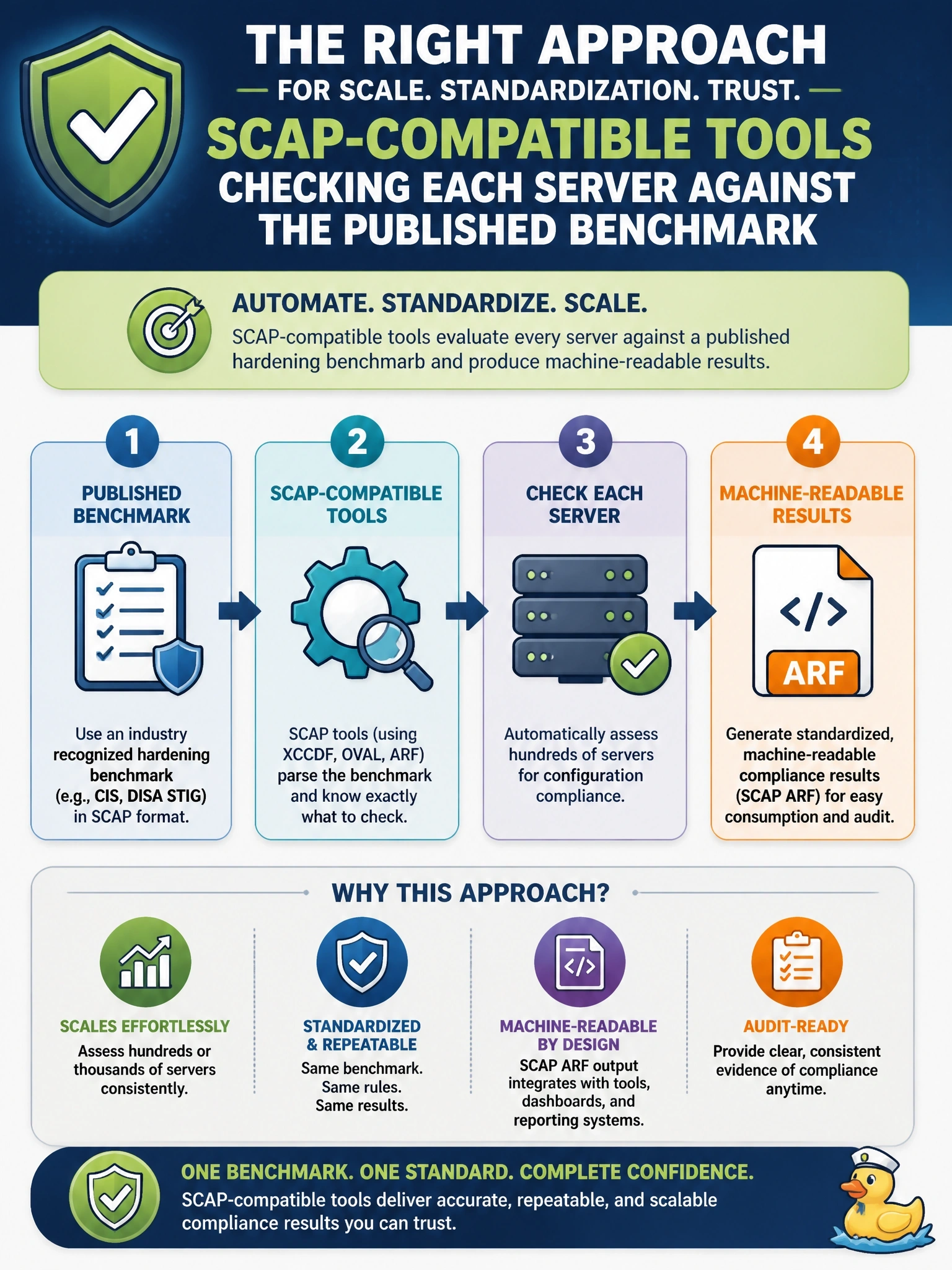 To Create an exciting colorful infographic that explains the concepts in the question: Question: A security team must routinely measure hundreds of servers against a published hardening benchmark and produce standardized, machine-readable compliance results. Which approach BEST fits this requirement? Correct Answer: SCAP-compatible tools checking each server against the published benchmark Put EVERY visible label in double quotes. No people. No A/B/C/D letters. In one of the four corners put a little "Navy Duck".