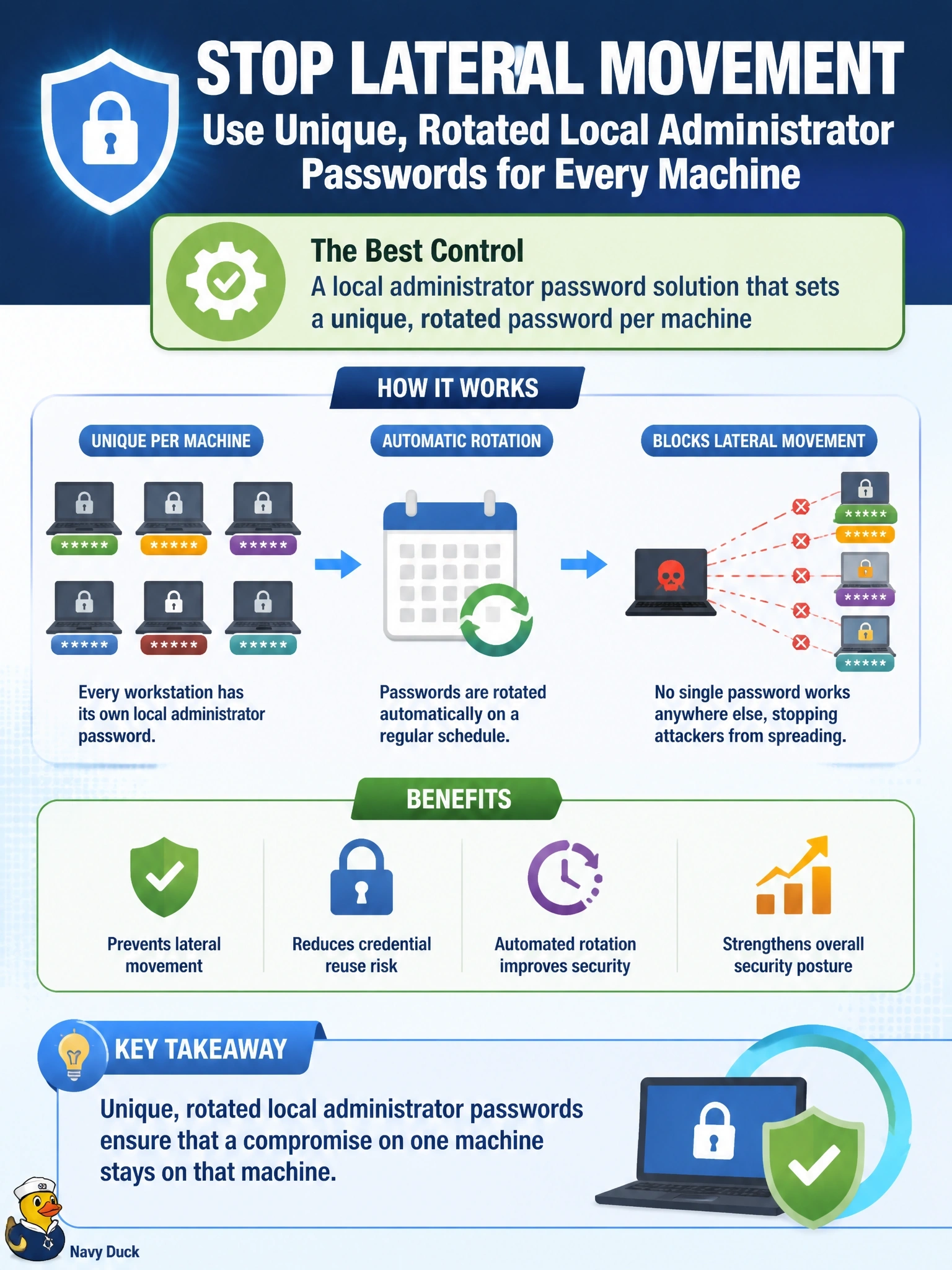 To Create an exciting colorful infographic that explains the concepts in the question: Question: An attacker who compromised one workstation used its local administrator password to log in to dozens of other workstations, because every machine had the same local administrator password. Which control BEST prevents this lateral movement path? Correct Answer: A local administrator password solution that sets a unique, rotated password per machine Put EVERY visible label in double quotes. No people. No A/B/C/D letters. In one of the four corners put a little "Navy Duck".