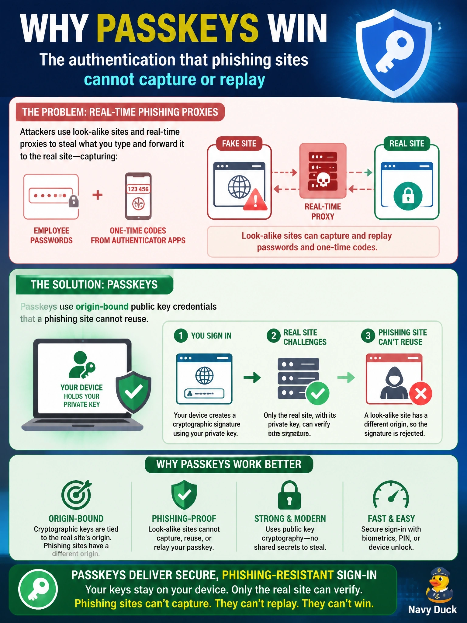 To Create an exciting colorful infographic that explains the concepts in the question: Question: Attackers using real-time phishing proxies have captured employees' passwords and the one-time codes from their authenticator apps. The organization wants an authentication method that a look-alike site cannot capture and replay. Which option BEST meets this goal? Correct Answer: Passkeys, which use origin-bound public key credentials that a phishing site cannot reuse Put EVERY visible label in double quotes. No people. No A/B/C/D letters. In one of the four corners put a little "Navy Duck".