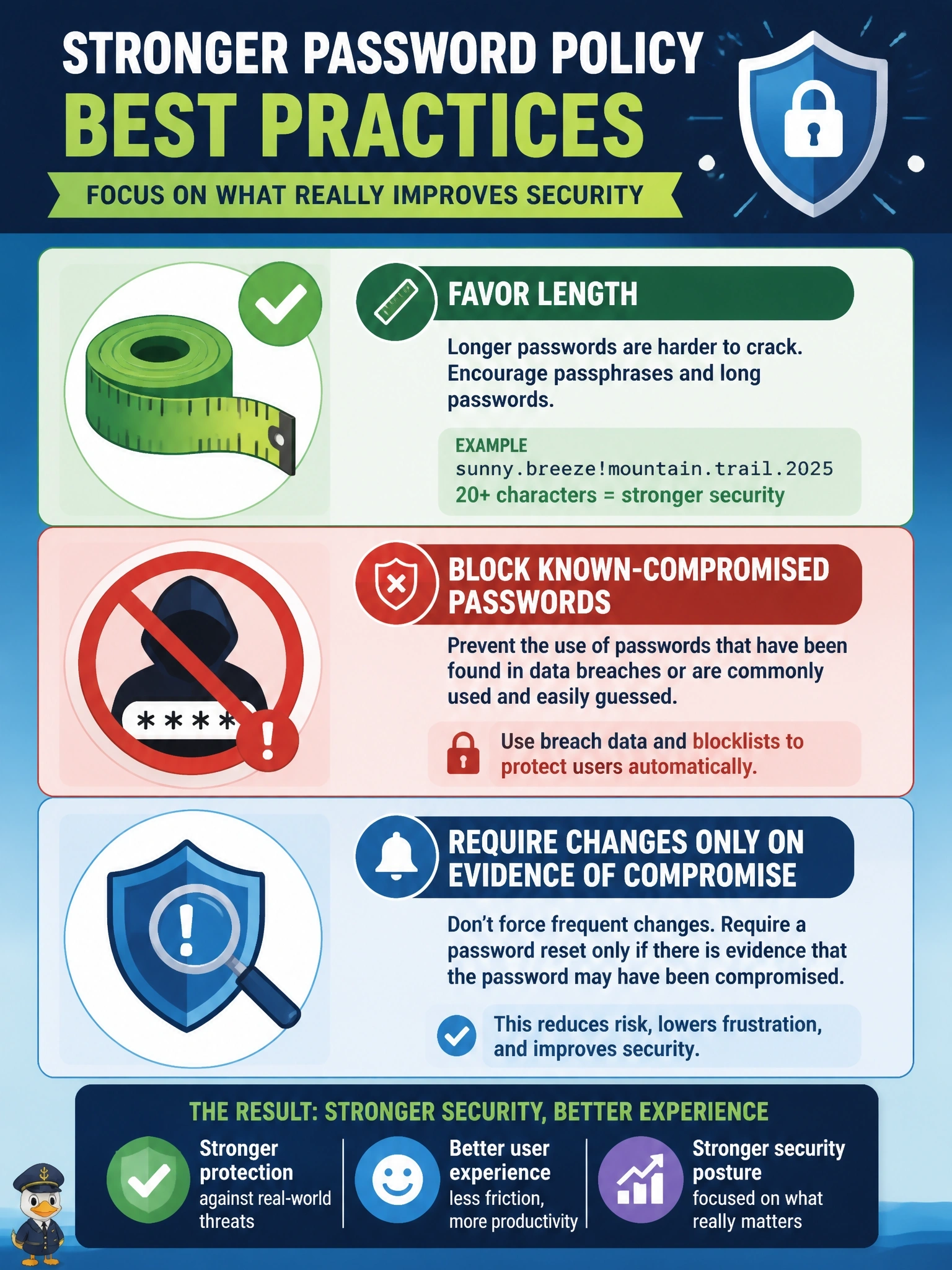 To Create an exciting colorful infographic that explains the concepts in the question: Question: A password policy forces changes every thirty days, and an audit finds users choosing predictable patterns such as a season plus the year. Which policy change BEST aligns with current password best practices? Correct Answer: Favor length, block known-compromised passwords, and require changes only on evidence of compromise Put EVERY visible label in double quotes. No people. No A/B/C/D letters. In one of the four corners put a little "Navy Duck".