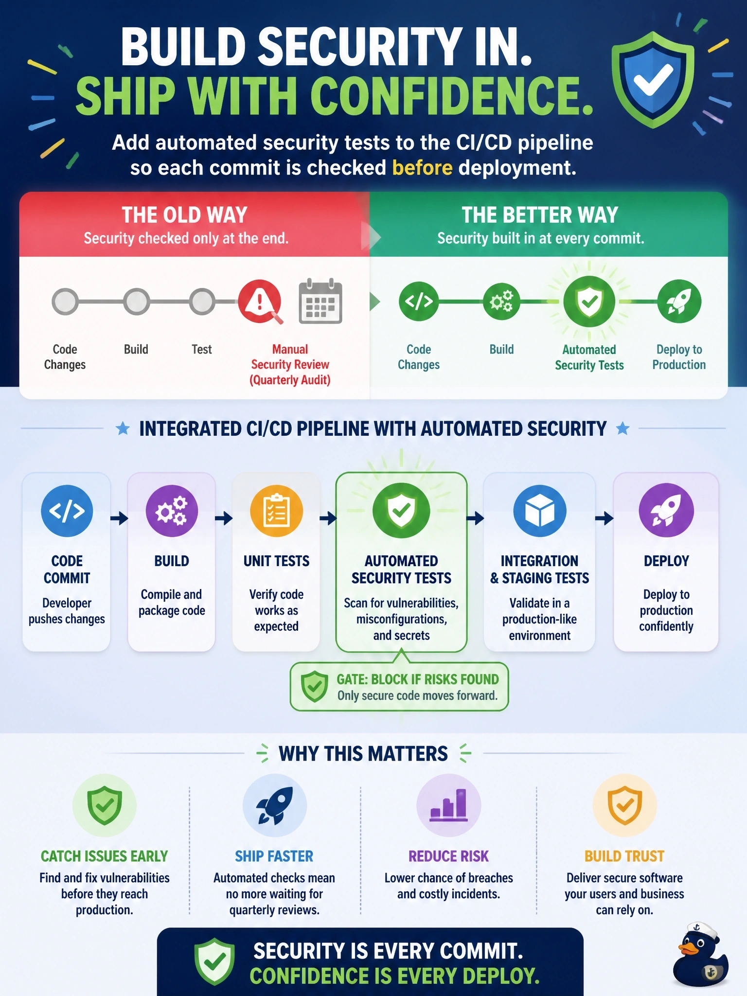 To Create an exciting colorful infographic that explains the concepts in the question: Question: A development team deploys code to production many times a day, and security testing currently happens only in a manual review before each quarterly audit. Which change BEST integrates security into this delivery process? Correct Answer: Add automated security tests to the CI/CD pipeline so each commit is checked before deployment Put EVERY visible label in double quotes. No people. No A/B/C/D letters. In one of the four corners put a little "Navy Duck".