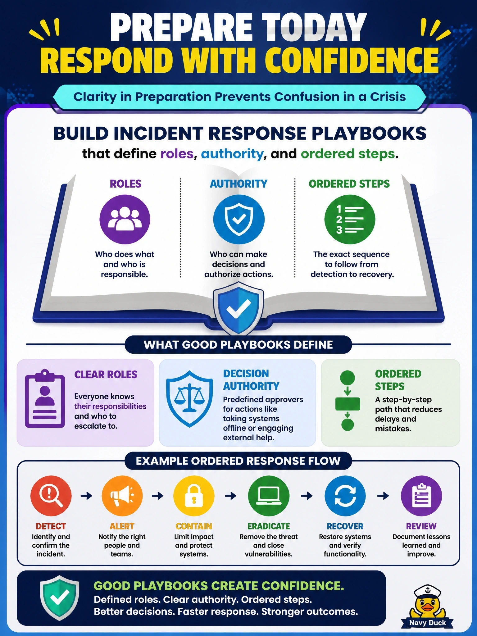To Create an exciting colorful infographic that explains the concepts in the question: Question: During a recent ransomware incident, responders argued over who could authorize taking systems offline, who would contact legal counsel, and in what order to act. Which preparation activity BEST prevents this confusion in future incidents? Correct Answer: Develop incident response playbooks that define roles, authority, and ordered steps Put EVERY visible label in double quotes. No people. No A/B/C/D letters. In one of the four corners put a little "Navy Duck".