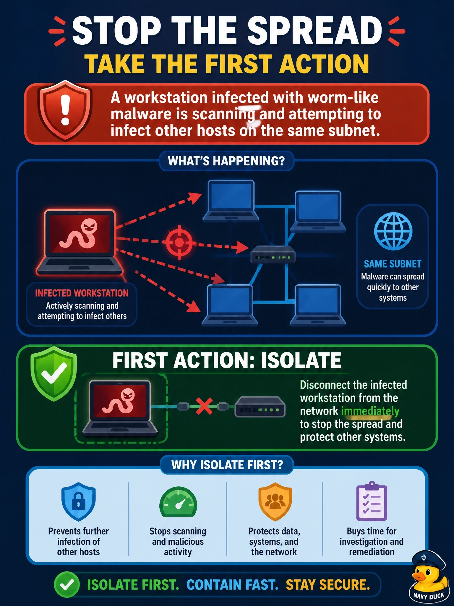 To Create an exciting colorful infographic that explains the concepts in the question: Question: An endpoint detection tool shows that a workstation infected with worm-like malware is actively scanning and attempting to infect other hosts on the same subnet. Which action should the responder take FIRST? Correct Answer: Isolate the infected workstation from the network to stop the spread Put EVERY visible label in double quotes. No people. No A/B/C/D letters. In one of the four corners put a little "Navy Duck".
