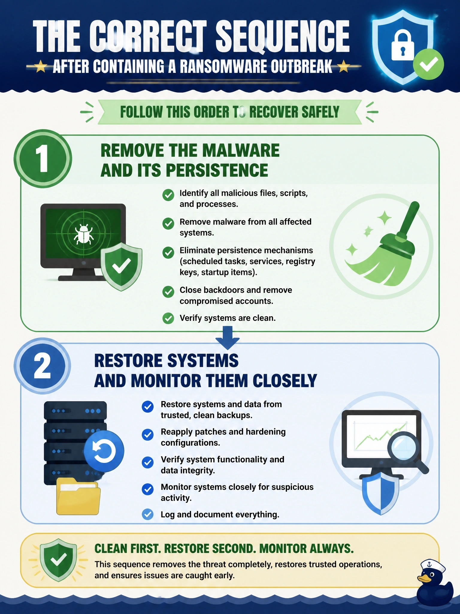 To Create an exciting colorful infographic that explains the concepts in the question: Question: A ransomware outbreak has been contained by isolating the affected servers. The team must now decide the order of the next activities. Which sequence is CORRECT? Correct Answer: Remove the malware and its persistence, then restore systems and monitor them closely Put EVERY visible label in double quotes. No people. No A/B/C/D letters. In one of the four corners put a little "Navy Duck".