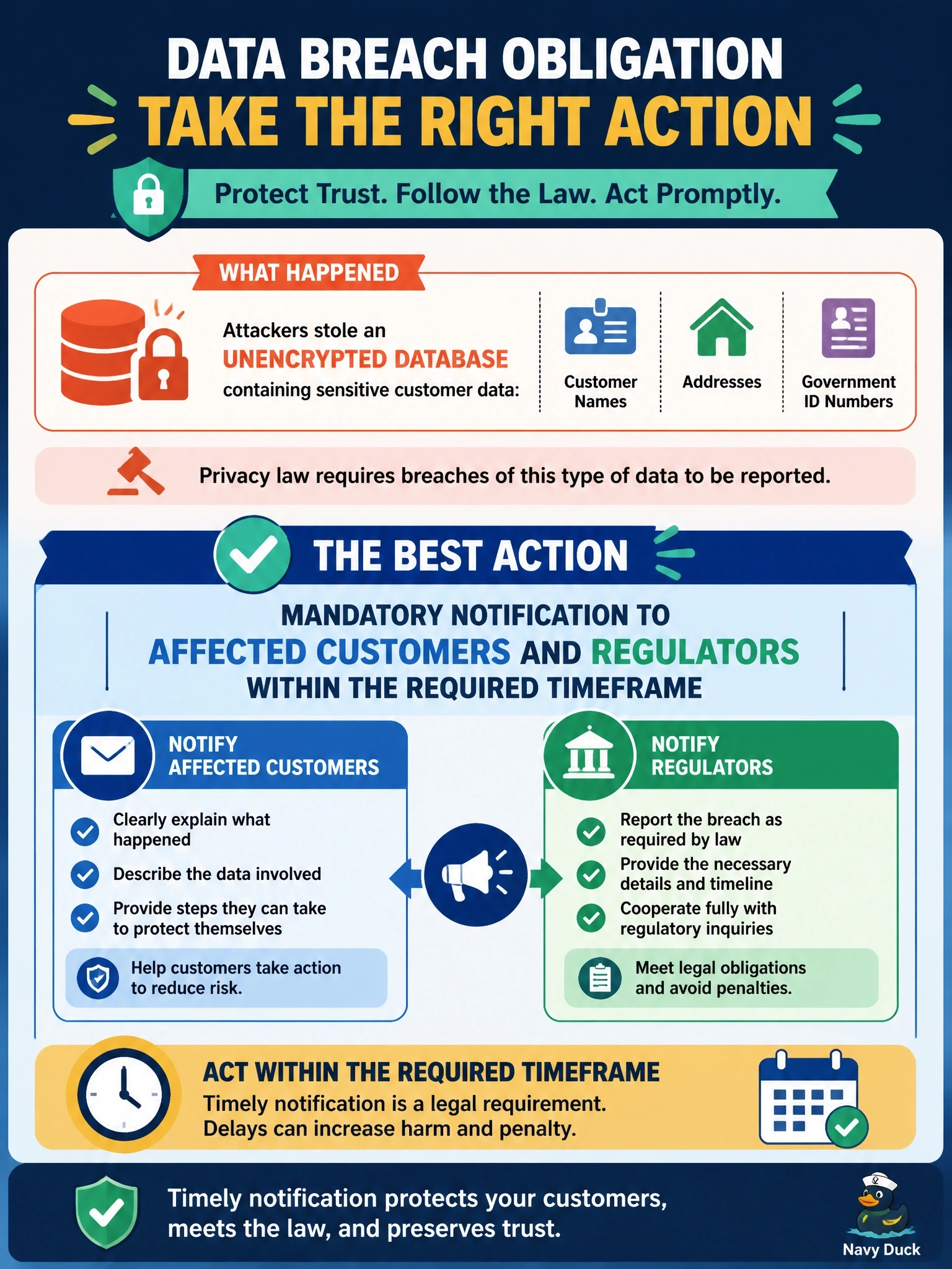 To Create an exciting colorful infographic that explains the concepts in the question: Question: A company confirms that attackers stole an unencrypted database of customer names, addresses, and government identification numbers. Applicable privacy law requires breaches of this type of data to be reported. Which action BEST meets the organization's obligations? Correct Answer: Mandatory notification to affected customers and regulators within the required timeframe Put EVERY visible label in double quotes. No people. No A/B/C/D letters. In one of the four corners put a little "Navy Duck".