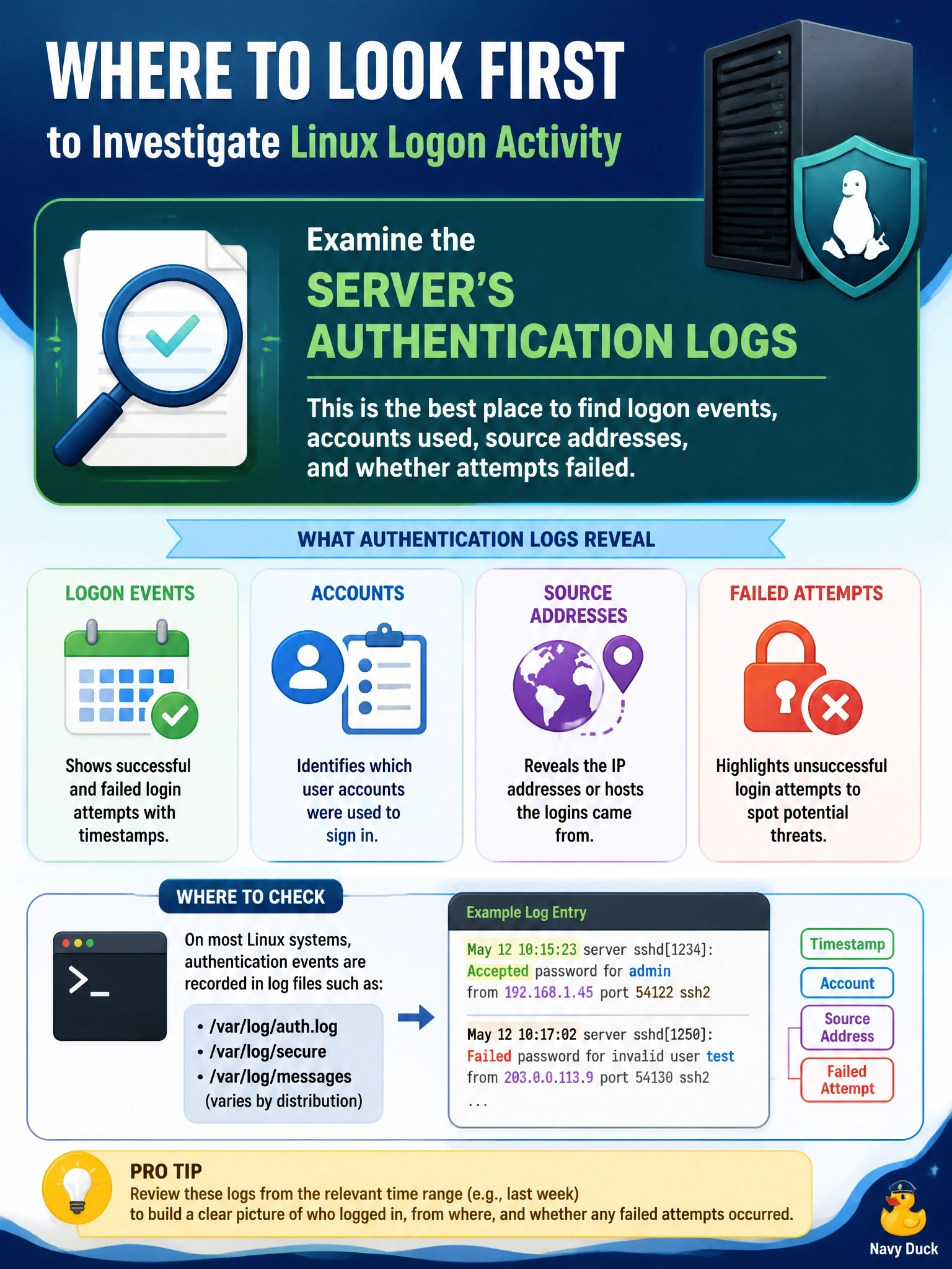 To Create an exciting colorful infographic that explains the concepts in the question: Question: An investigator needs to determine which accounts signed in to a specific Linux server last week, from which source addresses, and whether any attempts failed. Which data source should the investigator examine FIRST? Correct Answer: The server's authentication logs, which record logon events, accounts, and times Put EVERY visible label in double quotes. No people. No A/B/C/D letters. In one of the four corners put a little "Navy Duck".
