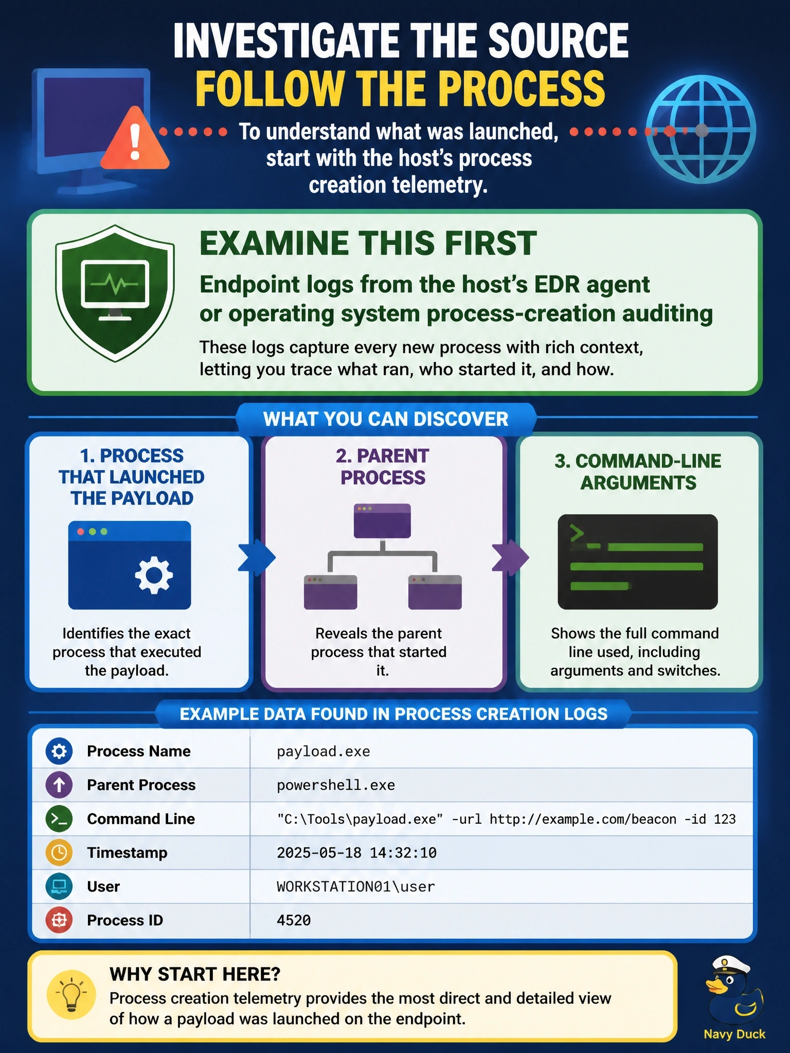 To Create an exciting colorful infographic that explains the concepts in the question: Question: A workstation has started beaconing to an unfamiliar domain. The analyst needs to know which process launched the payload, what its parent process was, and the command-line arguments used. Which log source should the analyst examine first? Correct Answer: Endpoint logs from the host's EDR agent or operating system process-creation auditing Put EVERY visible label in double quotes. No people. No A/B/C/D letters. In one of the four corners put a little "Navy Duck".