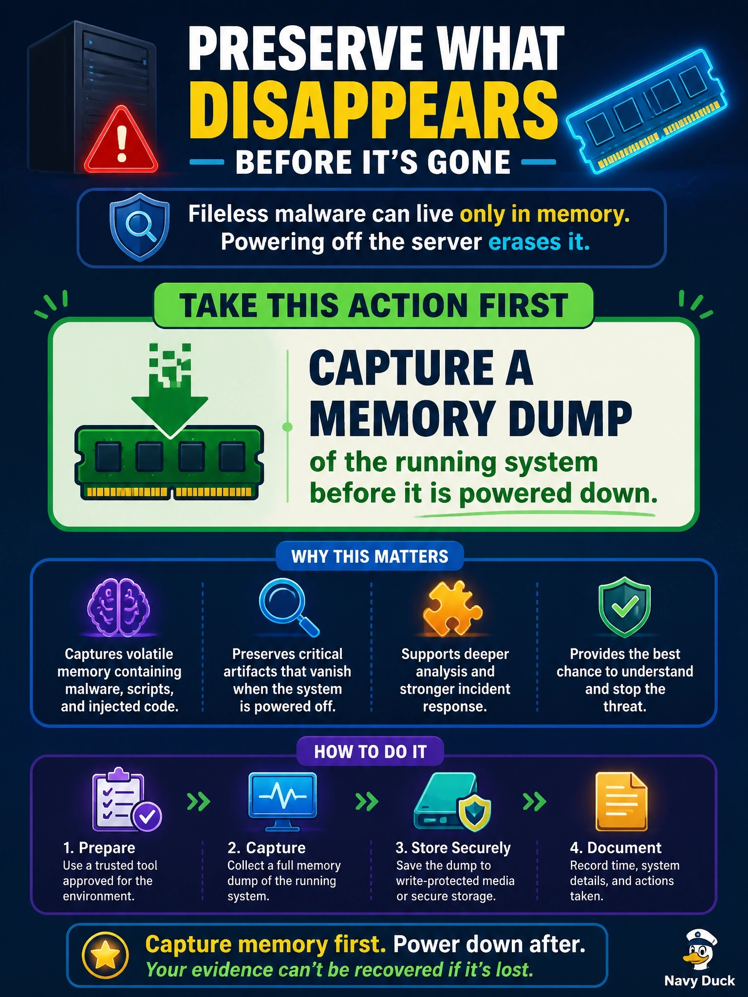 To Create an exciting colorful infographic that explains the concepts in the question: Question: Responders suspect fileless malware is running only in memory on a live server. Management wants the server powered off right away to stop the spread. Which action should the responders take first to preserve the most relevant evidence? Correct Answer: Capture a memory dump of the running system before it is powered down Put EVERY visible label in double quotes. No people. No A/B/C/D letters. In one of the four corners put a little "Navy Duck".