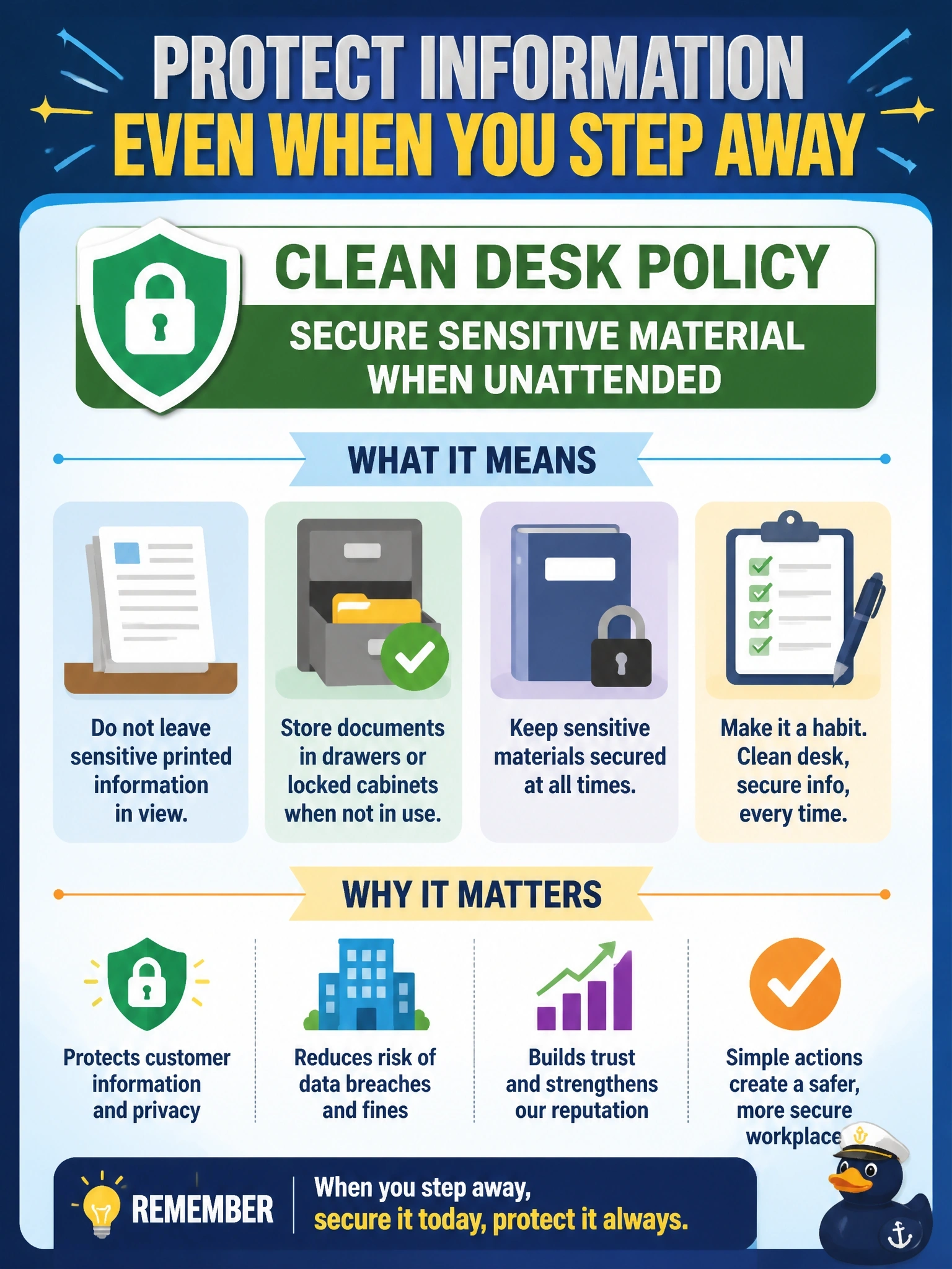 To Create an exciting colorful infographic that explains the concepts in the question: Question: During an evening walkthrough, a security officer finds printed customer records left on several desks, visible to cleaning staff and visitors. Which policy most directly addresses this behavior? Correct Answer: A clean desk policy requiring sensitive material to be secured when unattended Put EVERY visible label in double quotes. No people. No A/B/C/D letters. In one of the four corners put a little "Navy Duck".