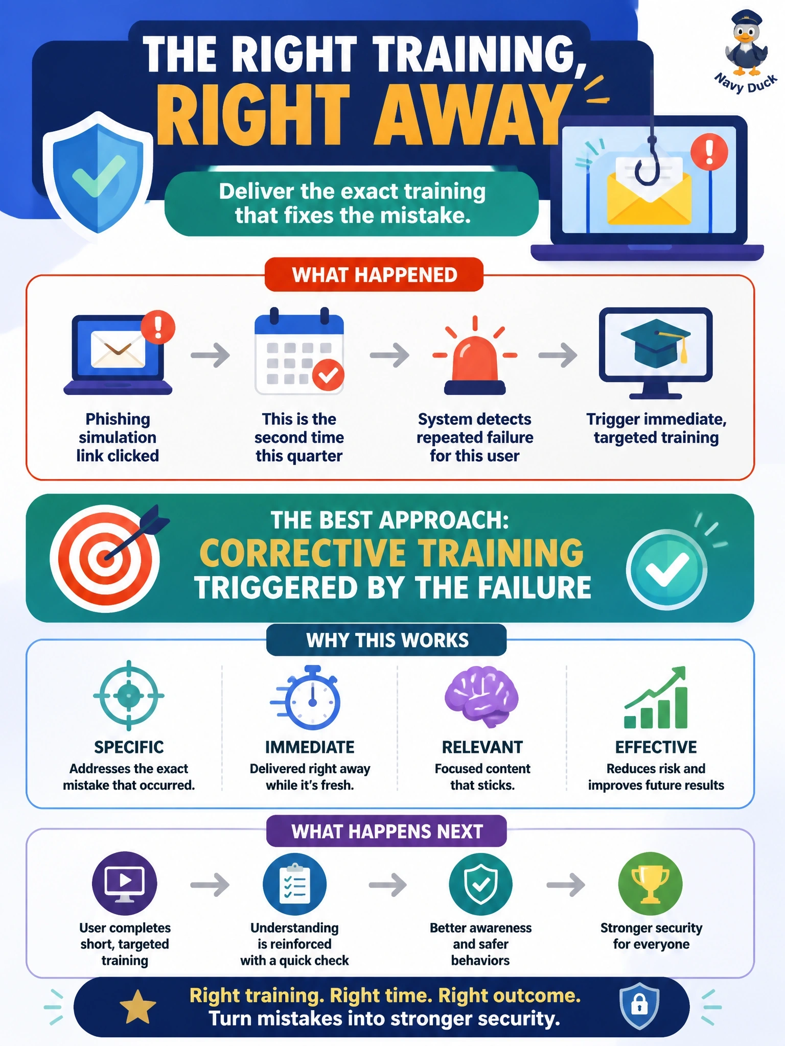 To Create an exciting colorful infographic that explains the concepts in the question: Question: An employee has clicked the link in a phishing simulation for the second time this quarter. The security team wants to assign short, immediate training that addresses that specific mistake. Which type of training is most appropriate? Correct Answer: Corrective training triggered by the failure Put EVERY visible label in double quotes. No people. No A/B/C/D letters. In one of the four corners put a little "Navy Duck".