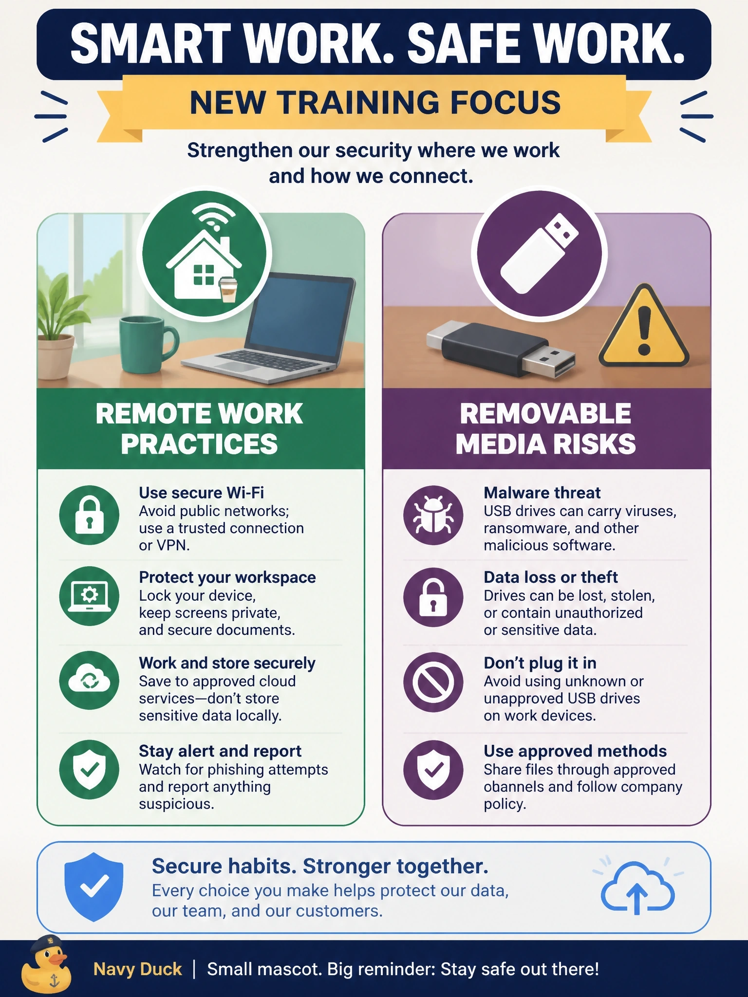 To Create an exciting colorful infographic that explains the concepts in the question: Question: Many staff now work from cafes and home offices, and several have been seen plugging in USB drives they were given at conferences. Which pair of awareness topics should the security team add to training for these staff? Correct Answer: Remote work practices and removable media risks Put EVERY visible label in double quotes. No people. No A/B/C/D letters. In one of the four corners put a little "Navy Duck".