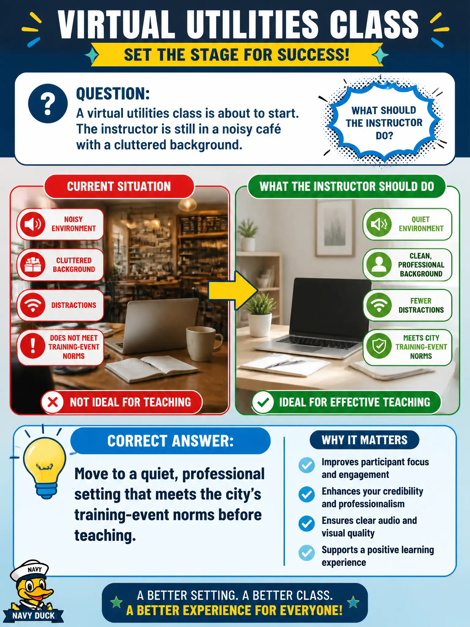 To Create an exciting colorful infographic that explains the concepts in the question: Question: A virtual utilities class is about to start. The instructor is still in a noisy café with a cluttered background. What should the instructor do? Correct Answer: Move to a quiet, professional setting that meets the city's training-event norms before teaching. Put EVERY visible label in double quotes. No people. No A/B/C/D letters. In one of the four corners put a little "Navy Duck".
