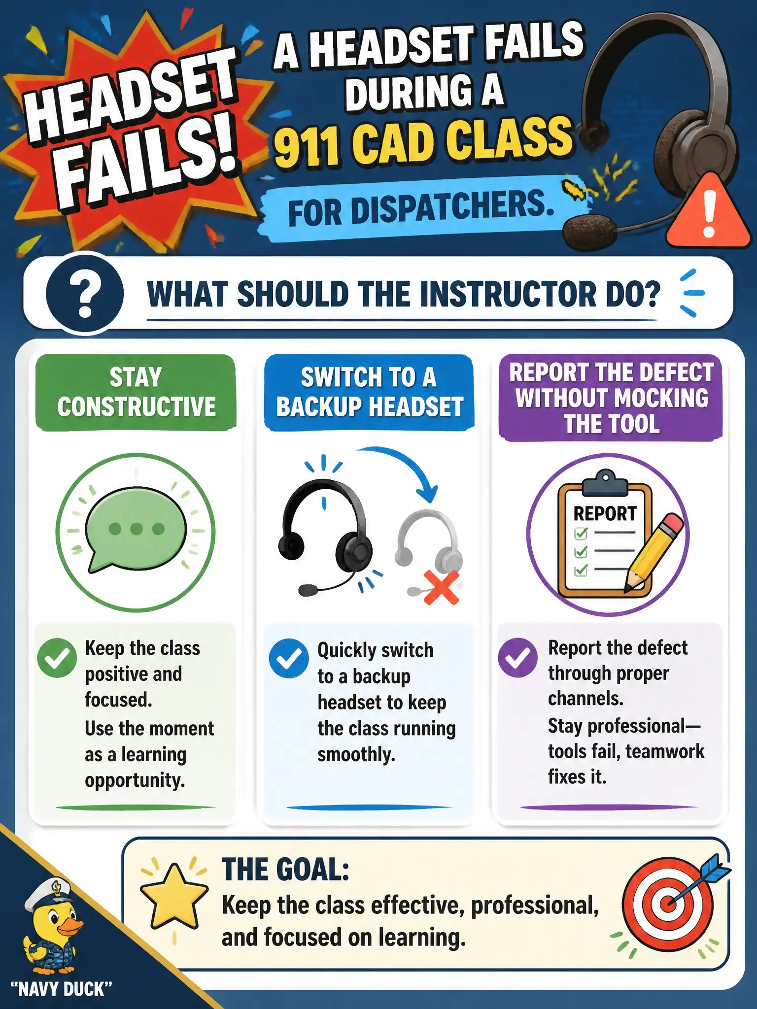 To Create an exciting colorful infographic that explains the concepts in the question: Question: A headset fails during a 911 CAD class for dispatchers. What should the instructor do? Correct Answer: Stay constructive, switch to a backup headset, and report the defect without mocking the tool. Put EVERY visible label in double quotes. No people. No A/B/C/D letters. In one of the four corners put a little "Navy Duck".