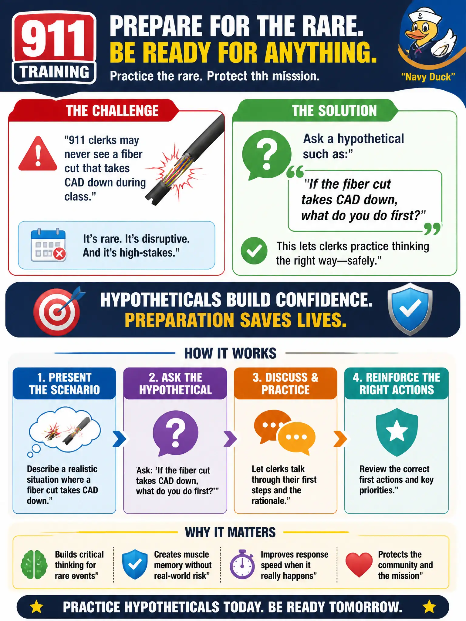 To Create an exciting colorful infographic that explains the concepts in the question: Question: 911 clerks may never see a fiber cut that takes CAD down during class. How should the instructor let them practice that rare, high-stakes case safely? Correct Answer: Ask a hypothetical such as "If the fiber cut takes CAD down, what do you do first?" Put EVERY visible label in double quotes. No people. No A/B/C/D letters. In one of the four corners put a little "Navy Duck".