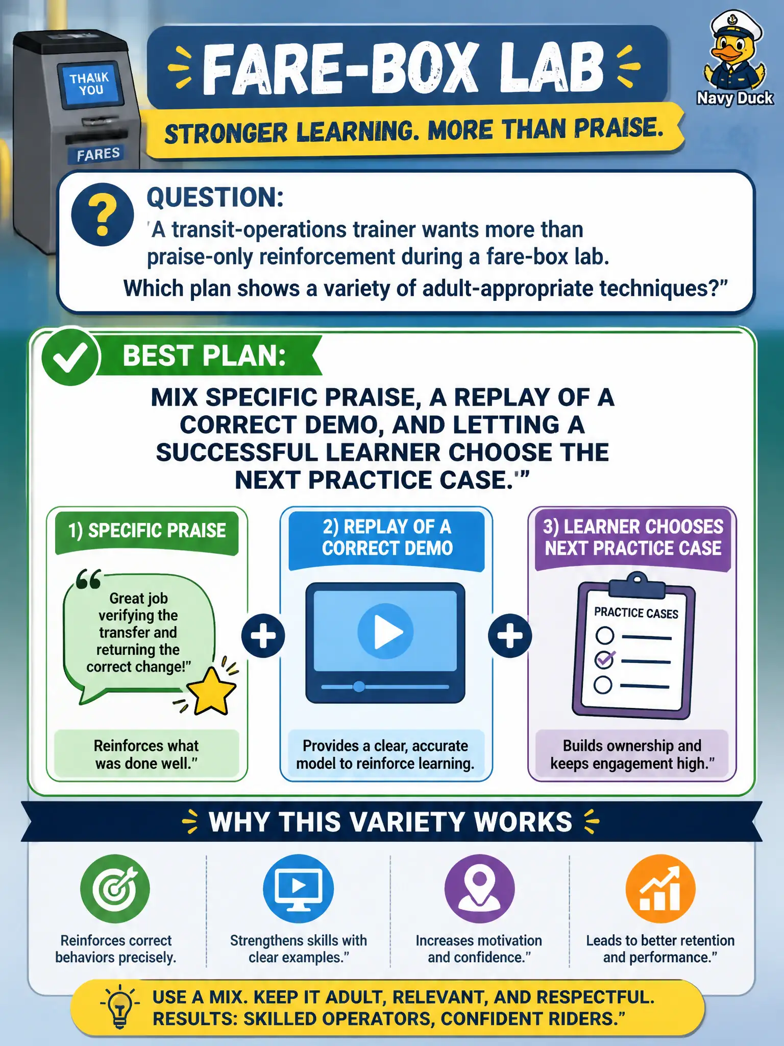 To Create an exciting colorful infographic that explains the concepts in the question: Question: A transit-operations trainer wants more than praise-only reinforcement during a fare-box lab. Which plan shows a variety of adult-appropriate techniques? Correct Answer: Mix specific praise, a replay of a correct demo, and letting a successful learner choose the next practice case. Put EVERY visible label in double quotes. No people. No A/B/C/D letters. In one of the four corners put a little "Navy Duck".