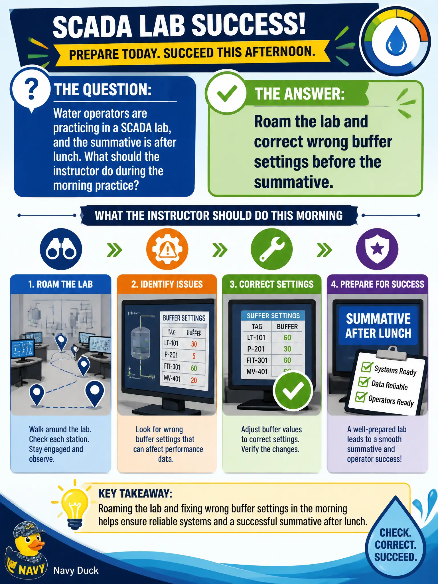 To Create an exciting colorful infographic that explains the concepts in the question: Question: Water operators are practicing in a SCADA lab, and the summative is after lunch. What should the instructor do during the morning practice? Correct Answer: Roam the lab and correct wrong buffer settings before the summative. Put EVERY visible label in double quotes. No people. No A/B/C/D letters. In one of the four corners put a little "Navy Duck".