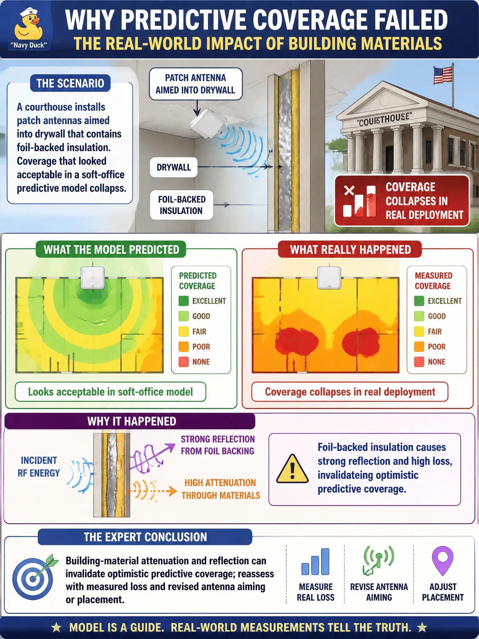 To Create an exciting colorful infographic that explains the concepts in the question: Question: A courthouse installs patch antennas aimed into drywall that contains foil-backed insulation. Coverage that looked acceptable in a soft-office predictive model collapses. What should the expert conclude? Correct Answer: Building-material attenuation and reflection can invalidate optimistic predictive coverage; reassess with measured loss and revised antenna aiming or placement. Put EVERY visible label in double quotes. No people. No A/B/C/D letters. In one of the four corners put a little "Navy Duck".