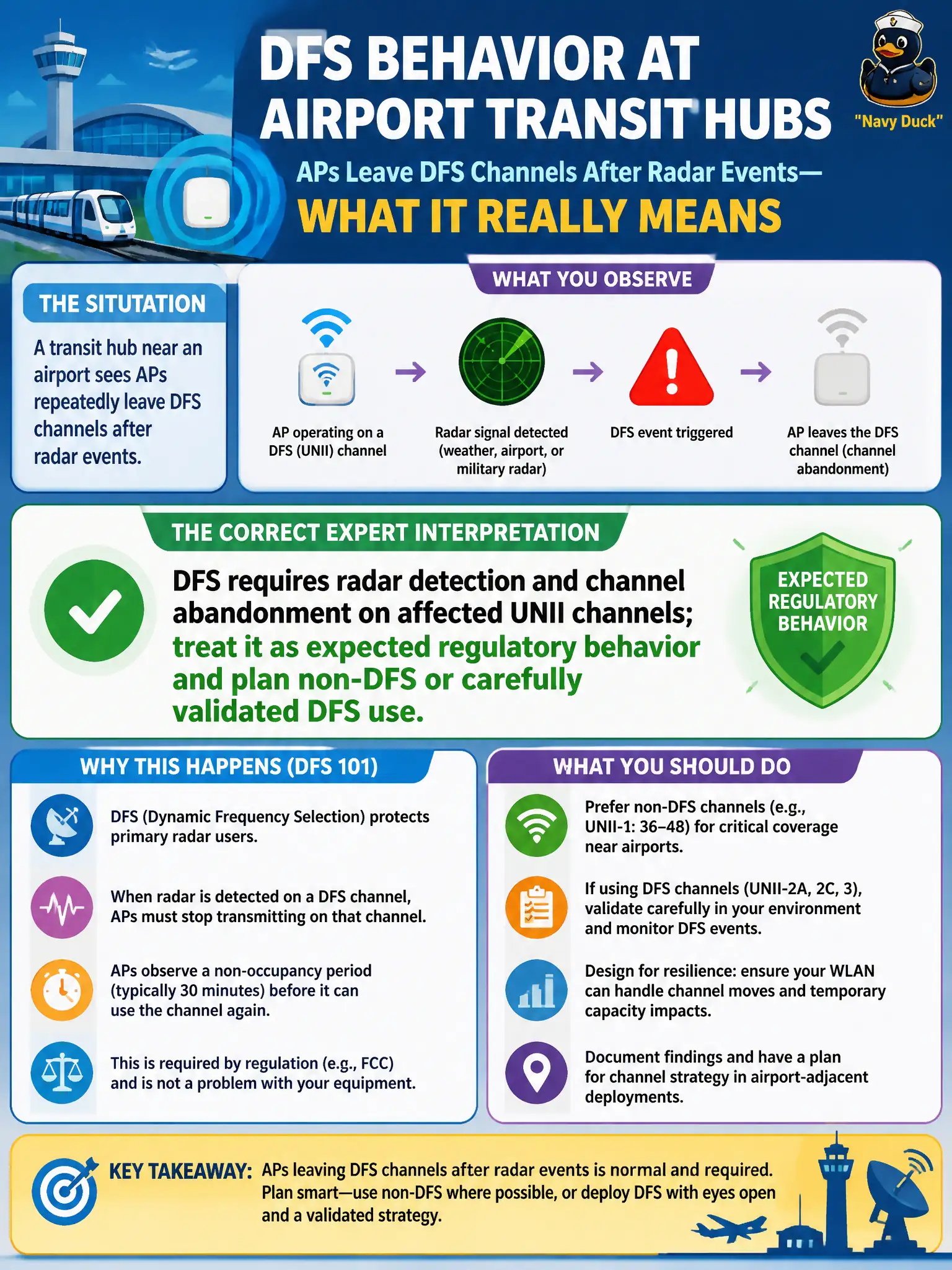 To Create an exciting colorful infographic that explains the concepts in the question: Question: A transit hub near an airport sees APs repeatedly leave DFS channels after radar events. What is the correct expert interpretation? Correct Answer: DFS requires radar detection and channel abandonment on affected UNII channels; treat it as expected regulatory behavior and plan non-DFS or carefully validated DFS use. Put EVERY visible label in double quotes. No people. No A/B/C/D letters. In one of the four corners put a little "Navy Duck".