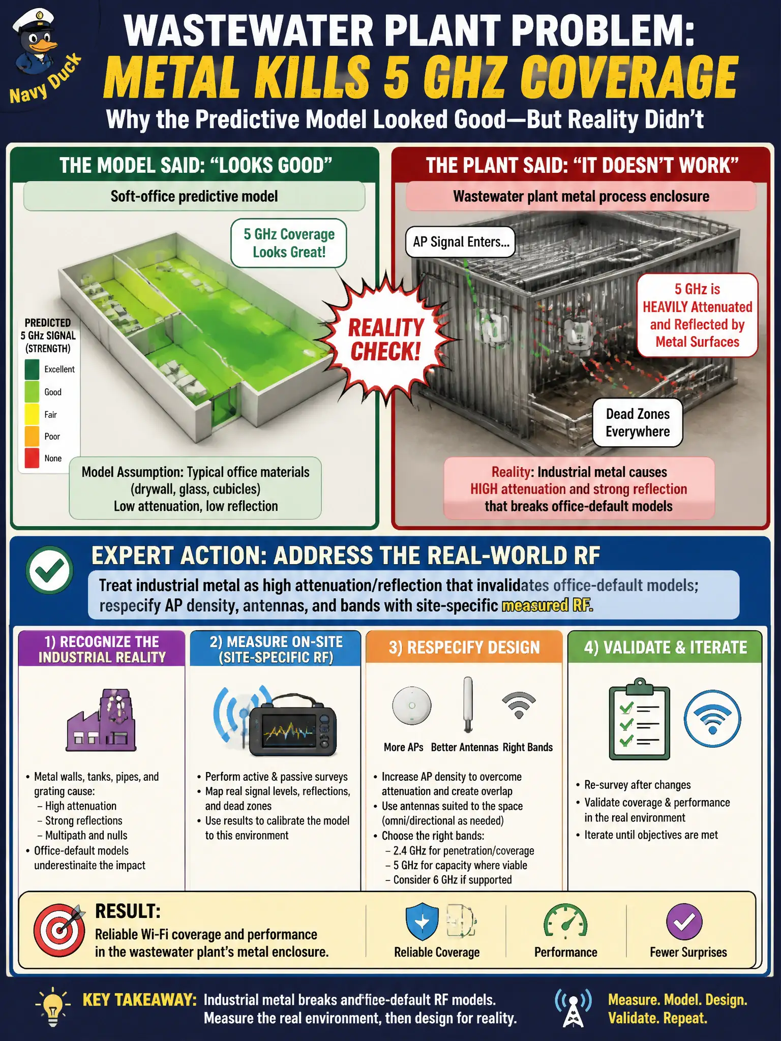 To Create an exciting colorful infographic that explains the concepts in the question: Question: A wastewater plant’s metal process enclosure kills 5 GHz coverage that looked fine in a soft-office predictive model. What expert action best addresses the mismatch? Correct Answer: Treat industrial metal as high attenuation/reflection that invalidates office-default models; respecify AP density, antennas, and bands with site-specific measured RF. Put EVERY visible label in double quotes. No people. No A/B/C/D letters. In one of the four corners put a little "Navy Duck".