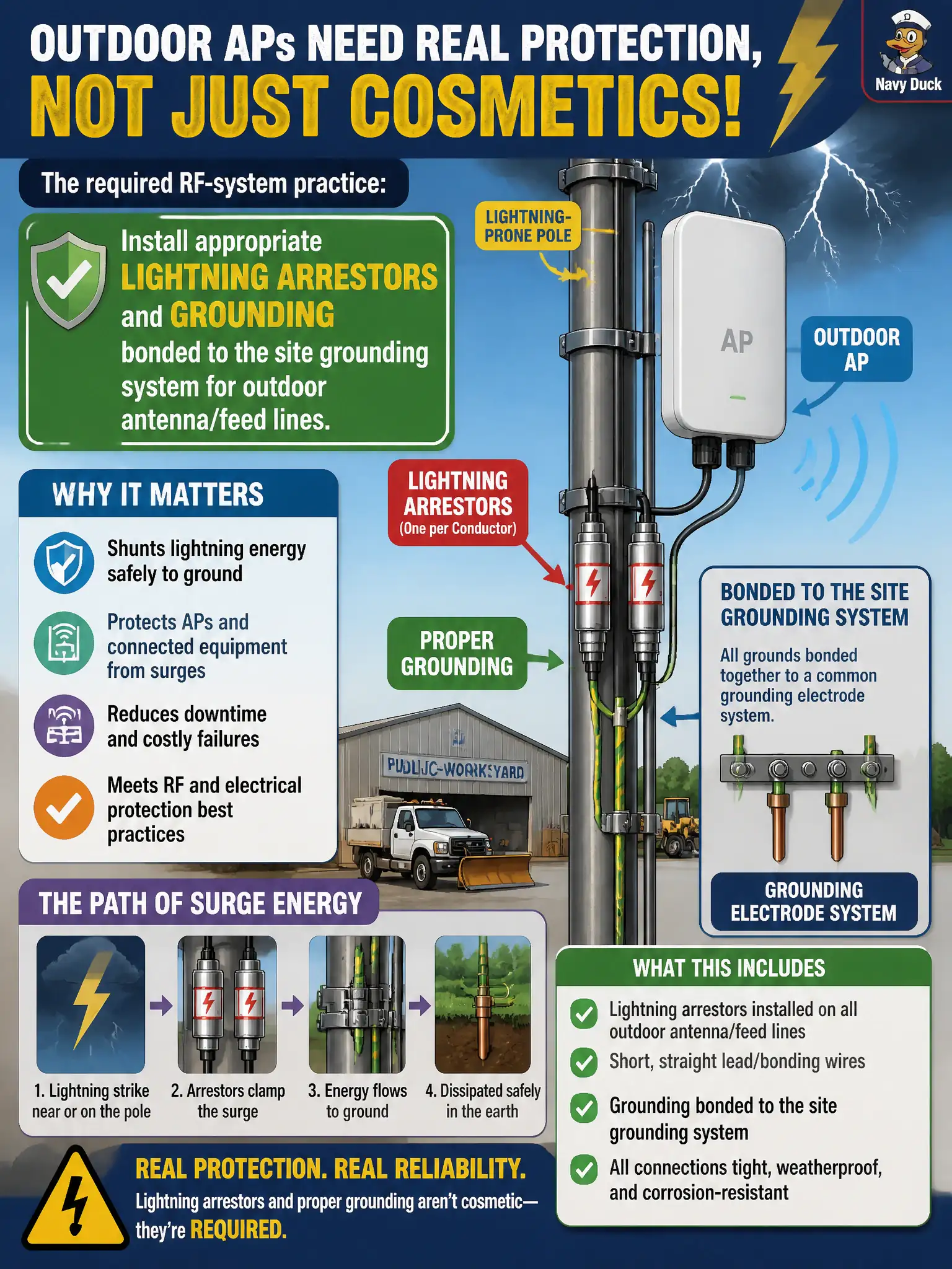 To Create an exciting colorful infographic that explains the concepts in the question: Question: A public-works yard mounts outdoor APs on lightning-prone poles. Which RF-system practice is required rather than cosmetic? Correct Answer: Install appropriate lightning arrestors and grounding bonded to the site grounding system for outdoor antenna/feed lines. Put EVERY visible label in double quotes. No people. No A/B/C/D letters. In one of the four corners put a little "Navy Duck".