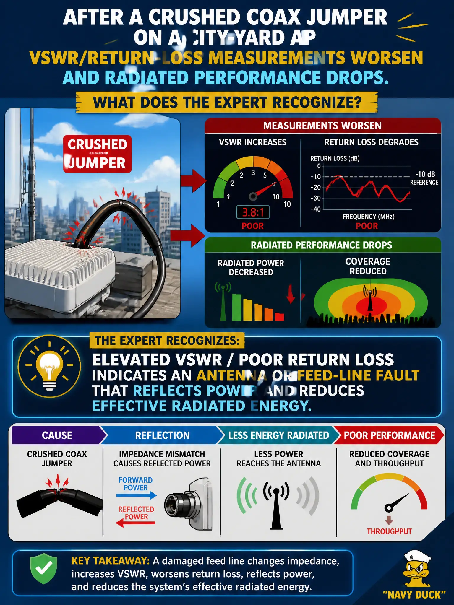 To Create an exciting colorful infographic that explains the concepts in the question: Question: After a crushed coax jumper on a city-yard AP, VSWR/return-loss measurements worsen and radiated performance drops. What does the expert recognize? Correct Answer: Elevated VSWR / poor return loss indicates an antenna or feed-line fault that reflects power and reduces effective radiated energy. Put EVERY visible label in double quotes. No people. No A/B/C/D letters. In one of the four corners put a little "Navy Duck".