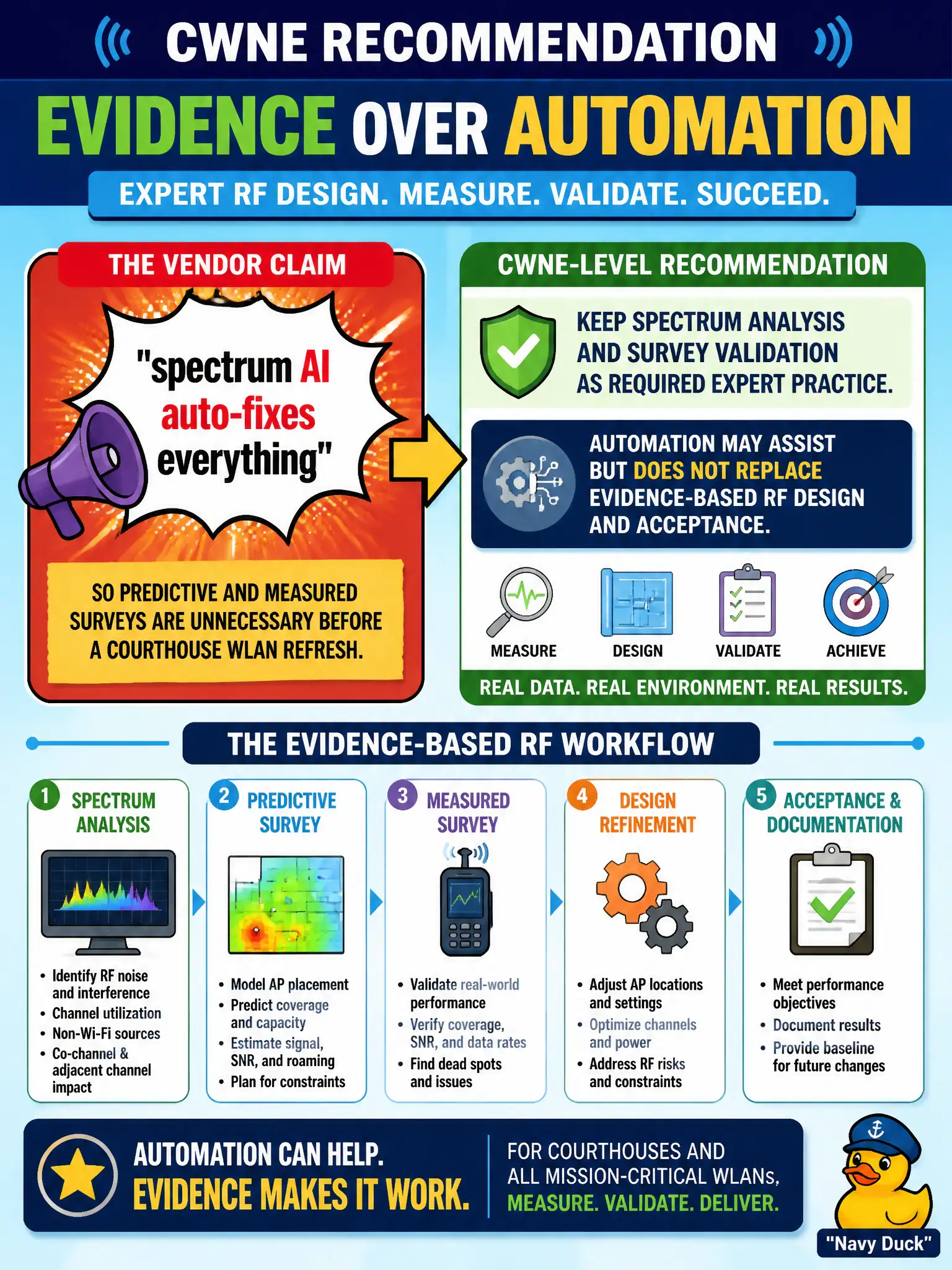 To Create an exciting colorful infographic that explains the concepts in the question: Question: A vendor demo at a county IT summit claims 'spectrum AI auto-fixes everything,' so predictive and measured surveys are unnecessary before a courthouse WLAN refresh. What should the CWNE-level recommendation be? Correct Answer: Keep spectrum analysis and survey validation as required expert practice; automation may assist but does not replace evidence-based RF design and acceptance. Put EVERY visible label in double quotes. No people. No A/B/C/D letters. In one of the four corners put a little "Navy Duck".