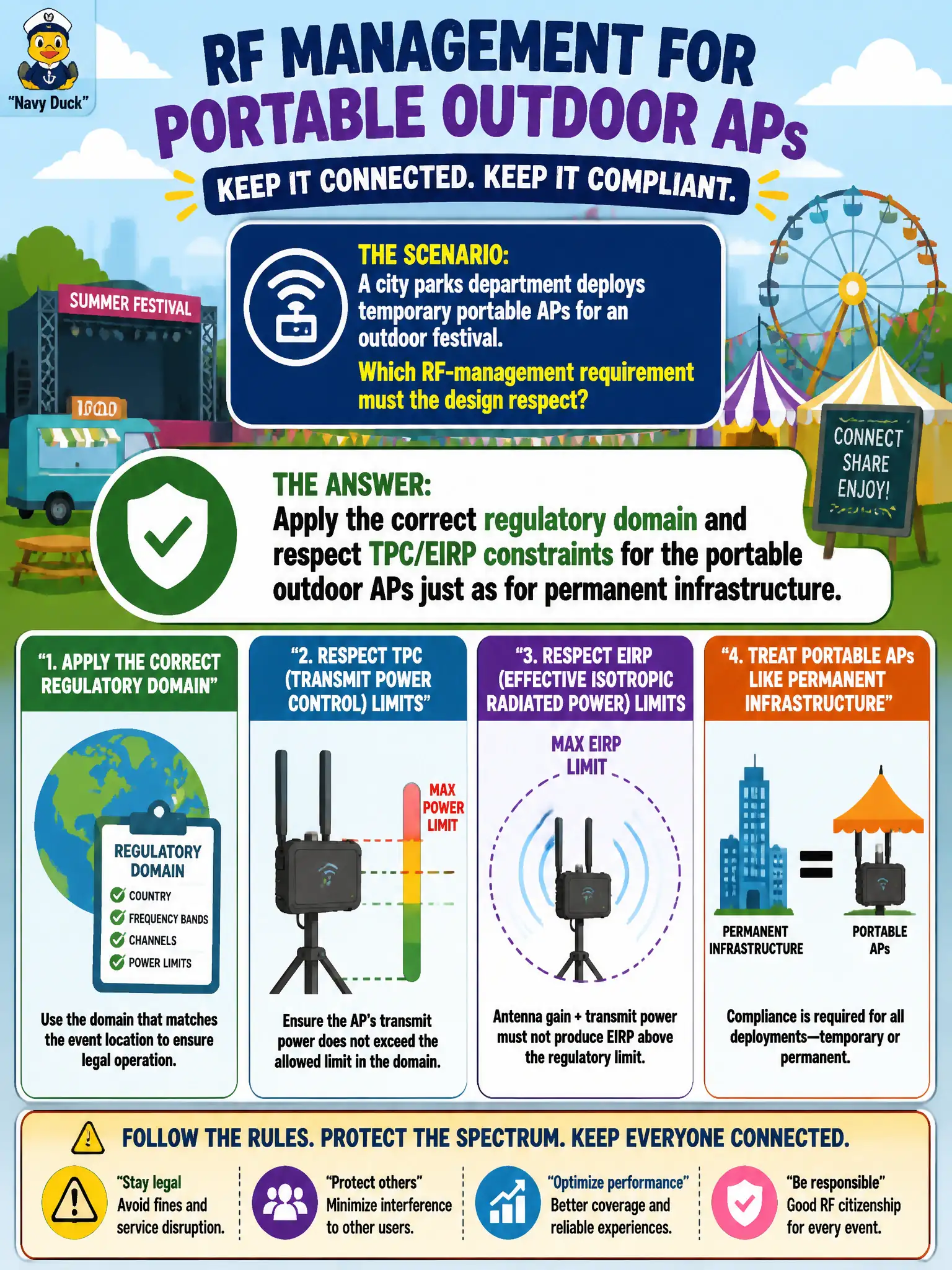 To Create an exciting colorful infographic that explains the concepts in the question: Question: A city parks department deploys temporary portable APs for an outdoor festival. Which RF-management requirement must the design respect? Correct Answer: Apply the correct regulatory domain and respect TPC/EIRP constraints for the portable outdoor APs just as for permanent infrastructure. Put EVERY visible label in double quotes. No people. No A/B/C/D letters. In one of the four corners put a little "Navy Duck".