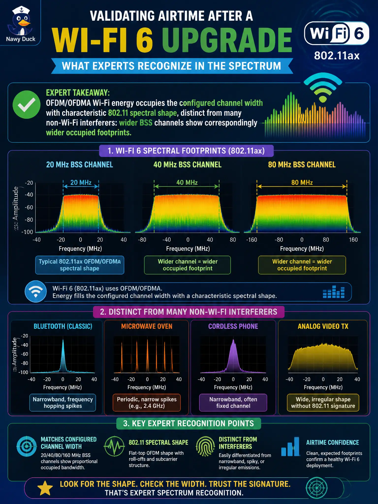 To Create an exciting colorful infographic that explains the concepts in the question: Question: After a library Wi-Fi 6 upgrade, an engineer validates airtime with a spectrum analyzer. Which observation best reflects expert recognition of modern Wi-Fi PHY and channel-width footprints? Correct Answer: OFDM/OFDMA Wi-Fi energy occupies the configured channel width with characteristic 802.11 spectral shape, distinct from many non-Wi-Fi interferers; wider BSS channels show correspondingly wider occupied footprints. Put EVERY visible label in double quotes. No people. No A/B/C/D letters. In one of the four corners put a little "Navy Duck".