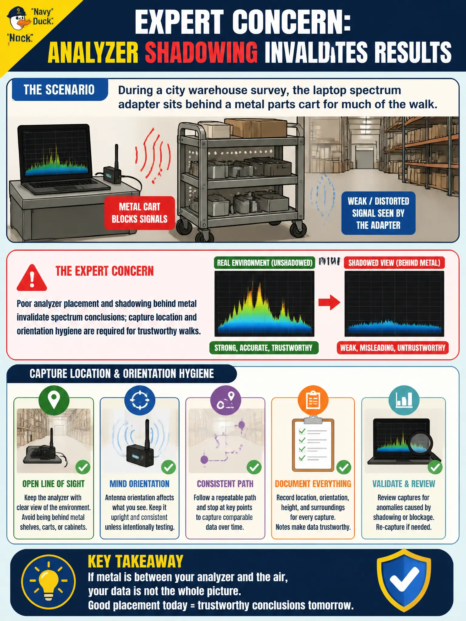 To Create an exciting colorful infographic that explains the concepts in the question: Question: During a city warehouse survey, the laptop spectrum adapter sits behind a metal parts cart for much of the walk. What is the expert concern? Correct Answer: Poor analyzer placement and shadowing behind metal invalidate spectrum conclusions; capture location and orientation hygiene are required for trustworthy walks. Put EVERY visible label in double quotes. No people. No A/B/C/D letters. In one of the four corners put a little "Navy Duck".