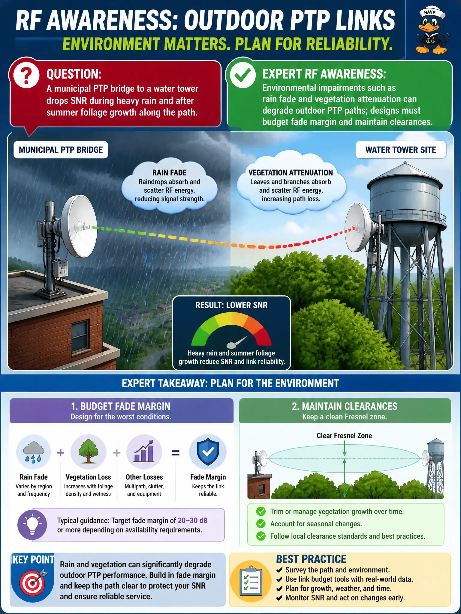 To Create an exciting colorful infographic that explains the concepts in the question: Question: A municipal PTP bridge to a water tower drops SNR during heavy rain and after summer foliage growth along the path. What expert RF awareness applies? Correct Answer: Environmental impairments such as rain fade and vegetation attenuation can degrade outdoor PTP paths; designs must budget fade margin and maintain clearances. Put EVERY visible label in double quotes. No people. No A/B/C/D letters. In one of the four corners put a little "Navy Duck".