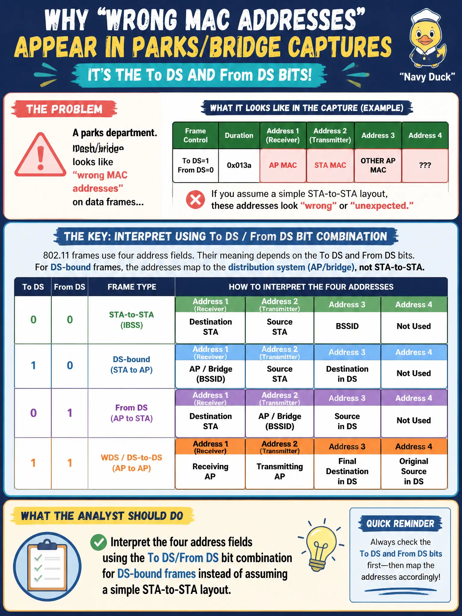 To Create an exciting colorful infographic that explains the concepts in the question: Question: A parks department mesh/bridge capture looks like 'wrong MAC addresses' on data frames until To DS and From DS are considered. What should the analyst do? Correct Answer: Interpret the four address fields using the To DS/From DS bit combination for DS-bound frames instead of assuming a simple STA-to-STA layout. Put EVERY visible label in double quotes. No people. No A/B/C/D letters. In one of the four corners put a little "Navy Duck".