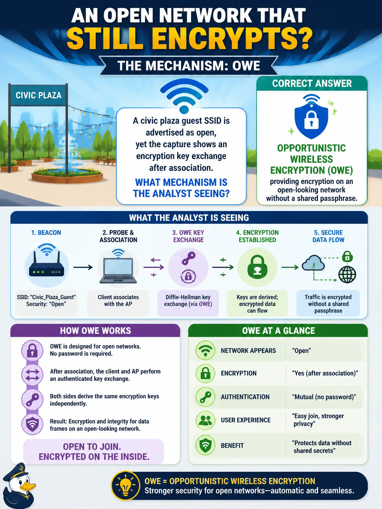 To Create an exciting colorful infographic that explains the concepts in the question: Question: A civic plaza guest SSID is advertised as open, yet the capture shows an encryption key exchange after association. What mechanism is the analyst seeing? Correct Answer: Opportunistic Wireless Encryption (OWE) providing encryption on an open-looking network without a shared passphrase. Put EVERY visible label in double quotes. No people. No A/B/C/D letters. In one of the four corners put a little "Navy Duck".