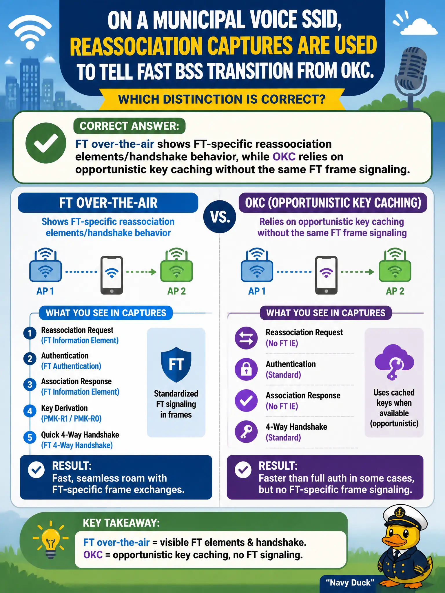 To Create an exciting colorful infographic that explains the concepts in the question: Question: On a municipal voice SSID, reassociation captures are used to tell Fast BSS Transition from OKC. Which distinction is correct? Correct Answer: FT over-the-air shows FT-specific reassociation elements/handshake behavior, while OKC relies on opportunistic key caching without the same FT frame signaling. Put EVERY visible label in double quotes. No people. No A/B/C/D letters. In one of the four corners put a little "Navy Duck".