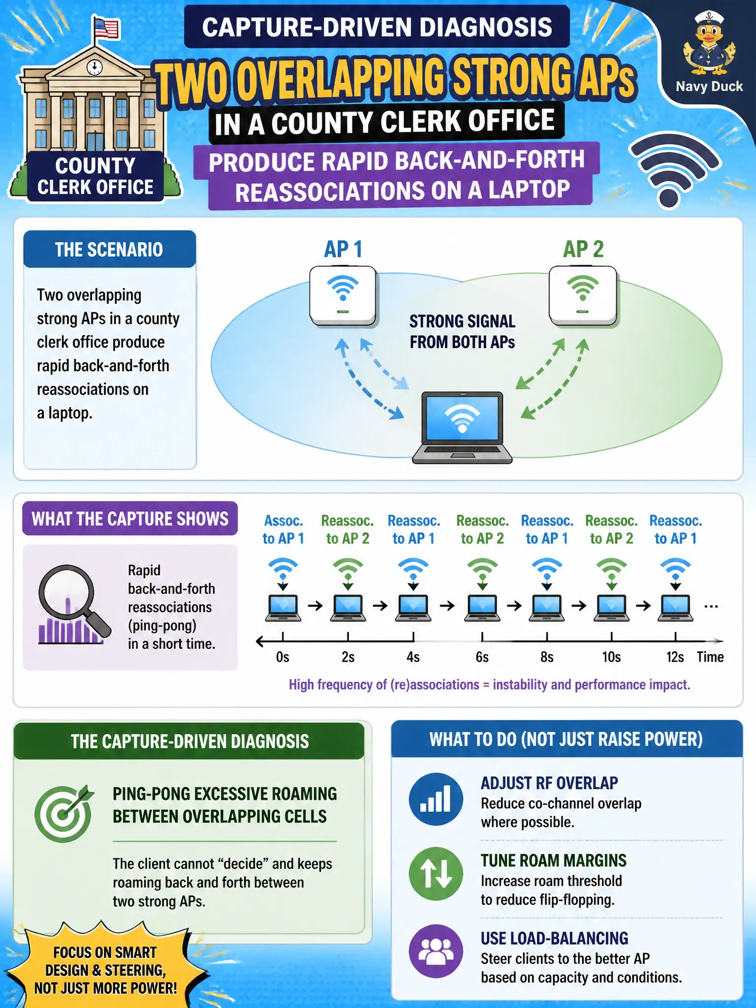 To Create an exciting colorful infographic that explains the concepts in the question: Question: Two overlapping strong APs in a county clerk office produce rapid back-and-forth reassociations on a laptop. What capture-driven diagnosis fits? Correct Answer: Ping-pong excessive roaming between overlapping cells; adjust RF overlap, roam margins, or load-balancing rather than only raising both APs’ power. Put EVERY visible label in double quotes. No people. No A/B/C/D letters. In one of the four corners put a little "Navy Duck".