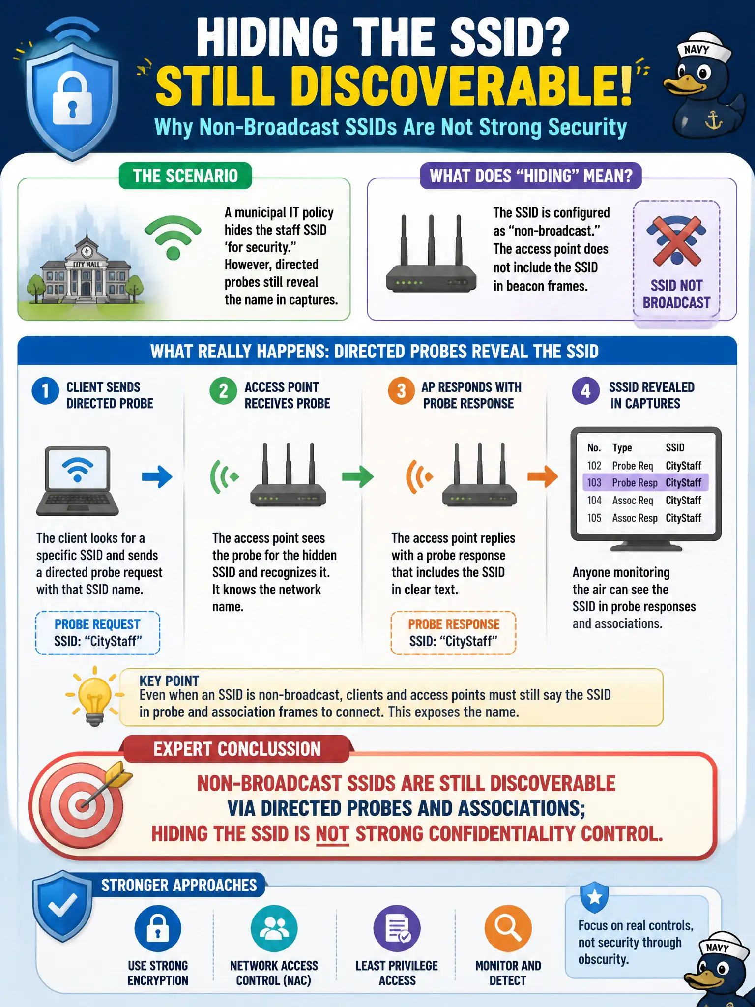 To Create an exciting colorful infographic that explains the concepts in the question: Question: A municipal IT policy hides the staff SSID 'for security,' yet directed probes still reveal the name in captures. What expert conclusion follows? Correct Answer: Non-broadcast SSIDs are still discoverable via directed probes and associations; hiding the SSID is not strong confidentiality control. Put EVERY visible label in double quotes. No people. No A/B/C/D letters. In one of the four corners put a little "Navy Duck".