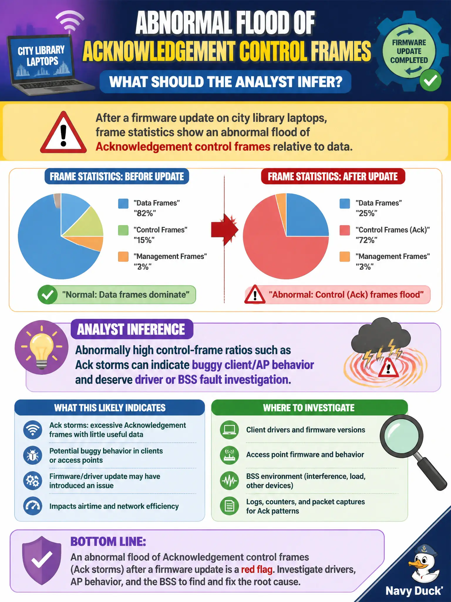 To Create an exciting colorful infographic that explains the concepts in the question: Question: After a firmware update on city library laptops, frame statistics show an abnormal flood of Acknowledgement control frames relative to data. What should the analyst infer? Correct Answer: Abnormally high control-frame ratios such as Ack storms can indicate buggy client/AP behavior and deserve driver or BSS fault investigation Put EVERY visible label in double quotes. No people. No A/B/C/D letters. In one of the four corners put a little "Navy Duck".