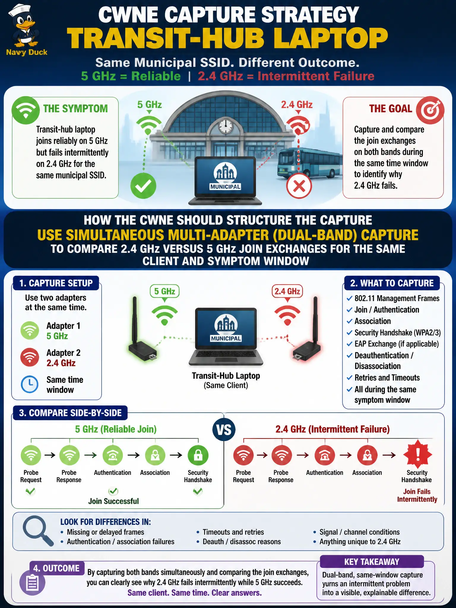 To Create an exciting colorful infographic that explains the concepts in the question: Question: A transit-hub laptop joins reliably on 5 GHz but fails intermittently on 2.4 GHz for the same municipal SSID name. How should the CWNE structure the capture? Correct Answer: Use simultaneous multi-adapter (dual-band) capture to compare 2.4 GHz versus 5 GHz join exchanges for the same client and symptom window Put EVERY visible label in double quotes. No people. No A/B/C/D letters. In one of the four corners put a little "Navy Duck".