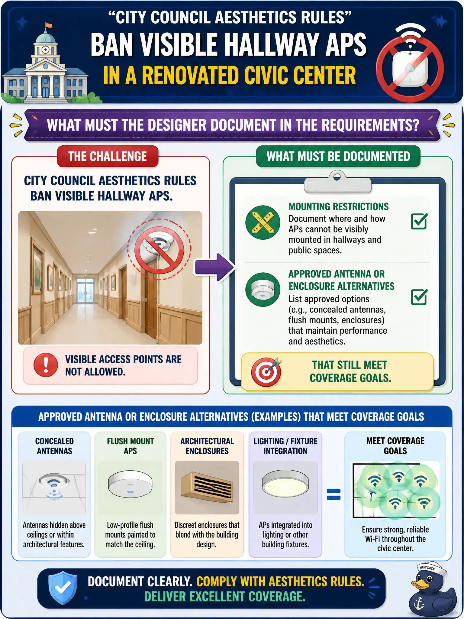 To Create an exciting colorful infographic that explains the concepts in the question: Question: City council aesthetics rules ban visible hallway APs in a renovated civic center. What must the designer document in the requirements? Correct Answer: Mounting restrictions and approved antenna or enclosure alternatives that still meet coverage goals. Put EVERY visible label in double quotes. No people. No A/B/C/D letters. In one of the four corners put a little "Navy Duck".